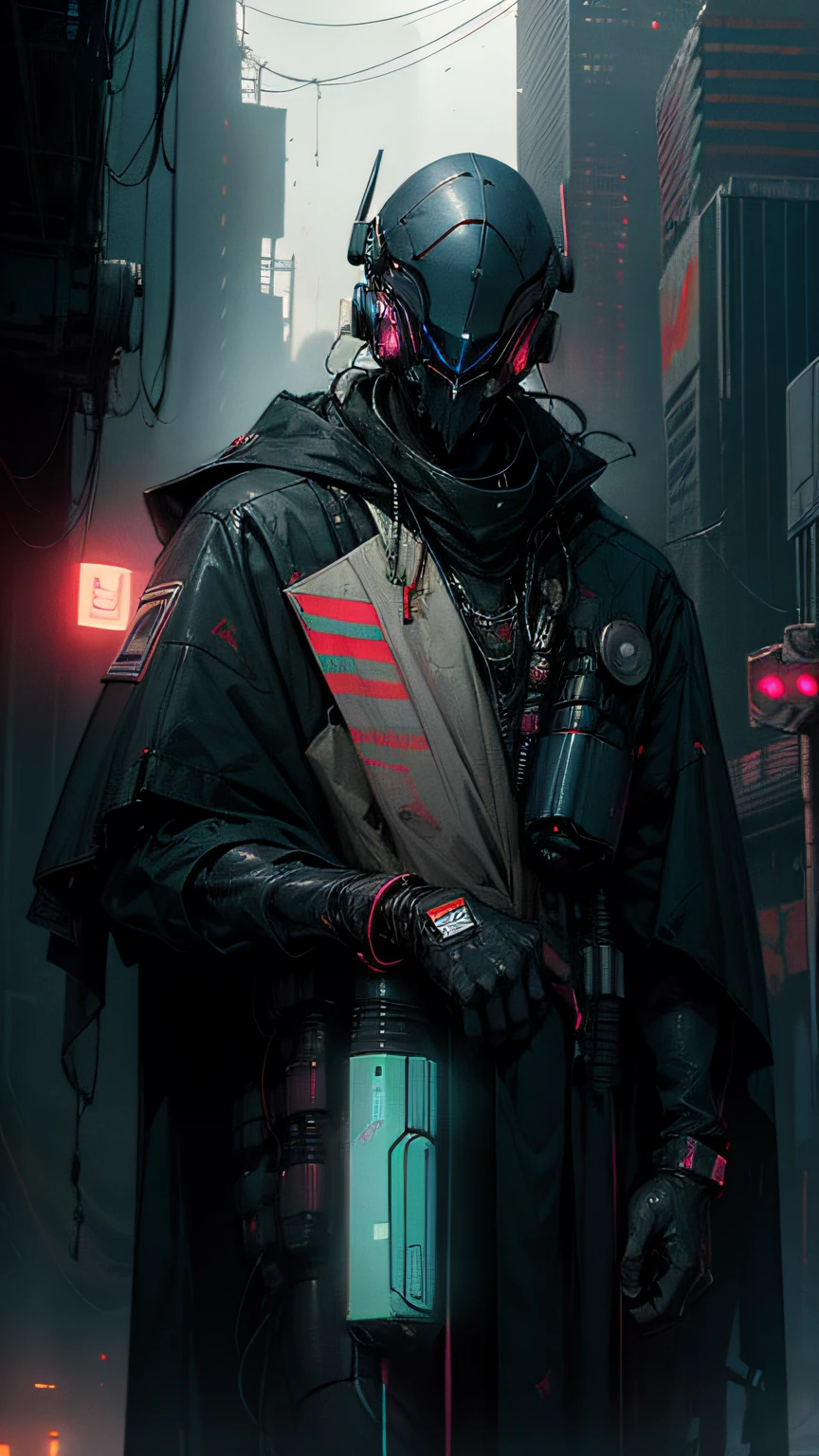 Robort Derpd Ranger trabaja para Scifi Mega Corporation, elite corporate enforcer patrolling the streets, wearing detailed multi color robes cape, Oficinas corporativas,Escena cyberpunk, Calle concurrida, Neon lights, red plastic clothing