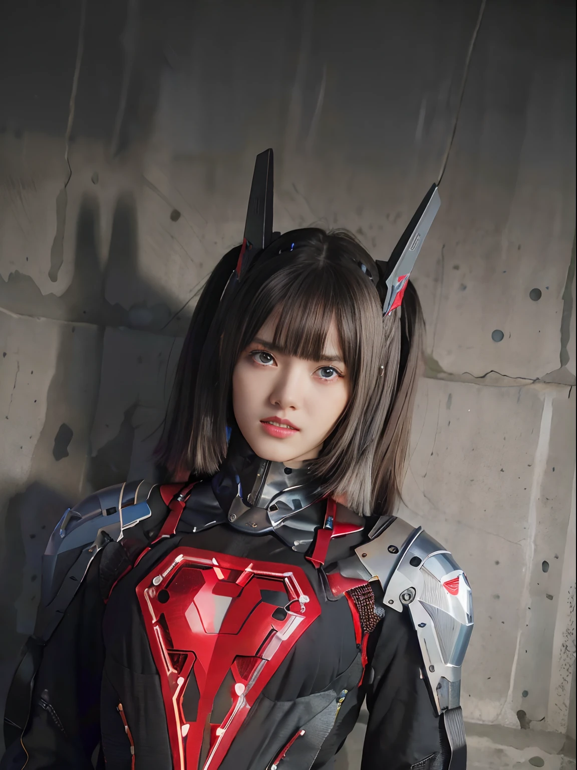 (Fight against mechanical robot soldiers)、top-quality、masterpiece、超A high resolution、(With a futuristic machine gun、holding knive),(Wearing a futuristic hat)、(Photorealsitic:1.4)、Raw photo、1人、Black hair、glowy skin、((1 Mechanical Girl))、((super realistic details))、portlate、(Mystical expression)、explosions、Particles of light、(Small LED lamp)、Wire tubes that glow all over the body、(With state-of-the-art weapons),globalillumination、Shadow、octan render、8K、Armpit、ultrasharp、Colossal tits、Small LED lamp、Raw skin is exposed in cleavage、metals、blood vessels connected to tubes、With weapons、Red bodysuit、Armpit、Cyberpunk city background、Details of complex ornaments、Japan details、highly intricate detail、Realistic light、CGSoation Trends、Blue eyes、radiant eyes、Facing the camera、neon details、(Tattoo numbers on the face)、Mechanical limbs、blood vessels connected to tubes、Mechanical vertebrae attached to the back、mechanical cervical attaching to neck、Wires and cables connecting to the head、Gundam、Small LED lamp、Toostock、Toostock、Futuristic machine gun、Knives、(Red Metallic Bodysuit),