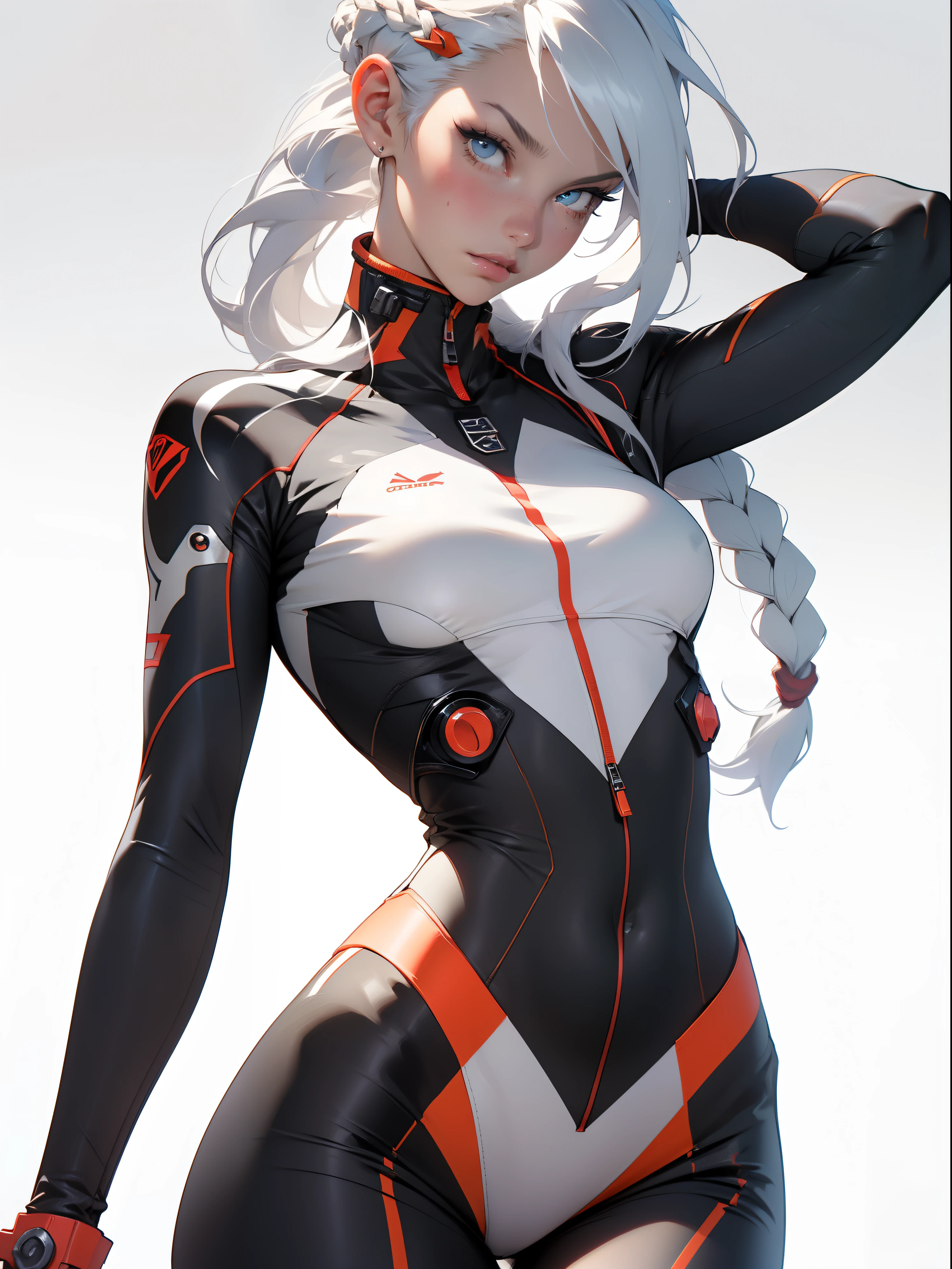 ((Best quality)), ((masterpiece)), (detailed: 1.4), (Absurd), War-ready female fighter pilot with military bikini, Marine, dark skin, defined sculpted body, full body, bare thighs, closed mouth, cyberpunk, semi naked, generous neckline, ((perfect medium breasts)), (super light blue eyes without pupils), (((military camouflage bikini)), (((white hair with braid)))), long eyelashes heavy makeup, garter belt, by mucha, niji --V5, close to real, psychopathic, perfect face, sexy pose, background with a giant head evangelion, 2 piece clothing, pastel, centered, scale to fit the dimensions, HDR (High Dynamic Range),Ray Tracing, NVIDIA RTX,Super-Resolution,Unreal 5,Subsurface Dispersion, PBR Texture, Post-processing, Anisotropic filtering, Depth of field, Maximum clarity and sharpness, Multilayer textures, Albedo and specular maps, Surface shading, Accurate simulation of light-material interaction, Perfect proportions, thigh gap, Octane Render, Two-tone lighting, Wide aperture, Low ISO, White balance, Rule of thirds, 8K RAW, crysisnanosuit bikini, thigh gap, nice hips, cowboy-shot