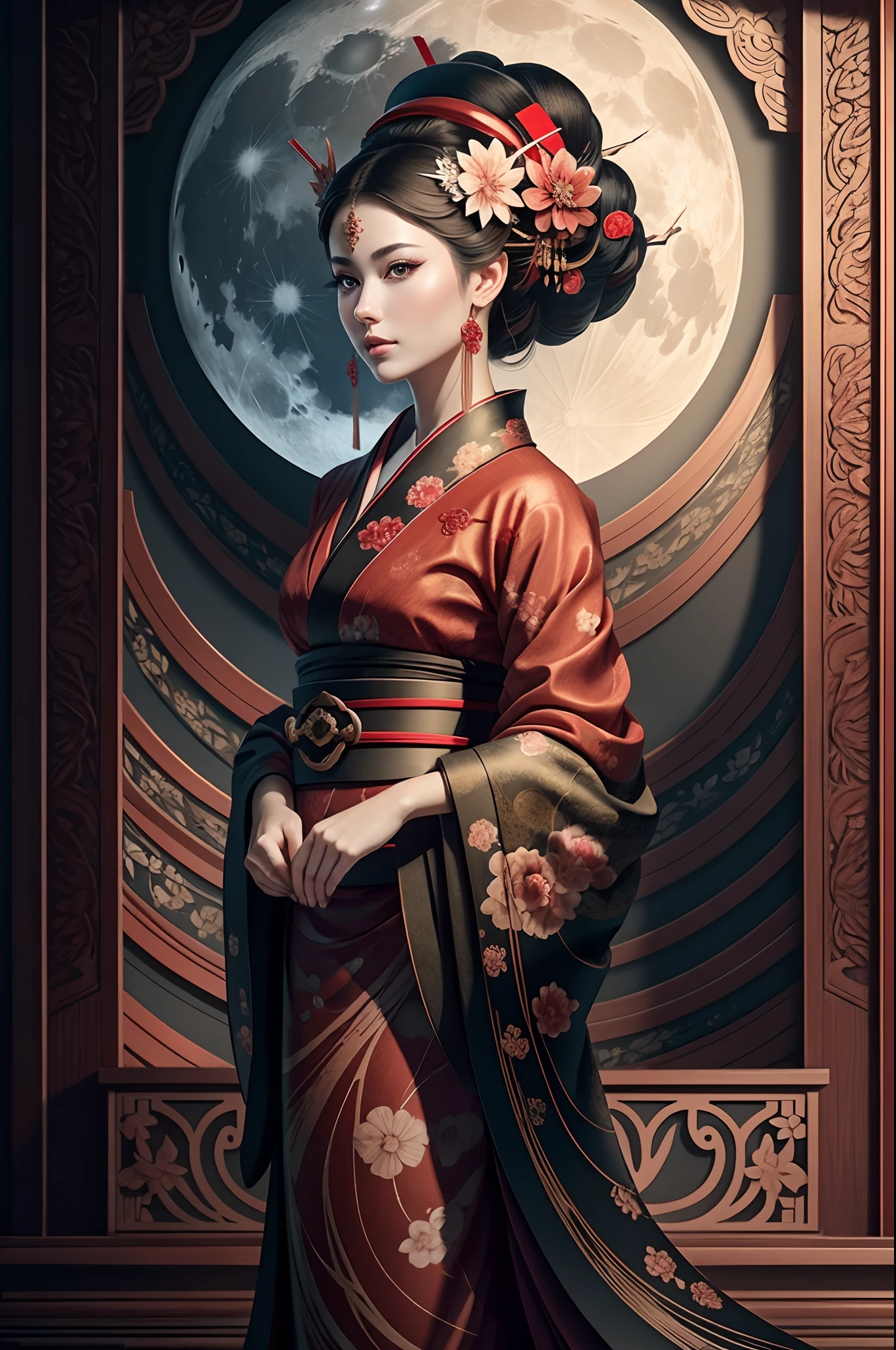 A beautiful woman in a red and black kimono, beautiful render of a fairytale, in the style of paper art, painting of beautiful, beautiful as the moon, very intricate masterpiece, painted metal,  beautiful intricate masterpiece, multiple layers, Mysterious