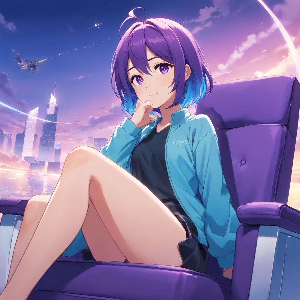 Purple and blue hair,Blue and purple gradient eyes,Sitting on a heaven chair with legs crossed,face perfect,happy look,Queen style costumes,girl with,Light coming in from the right,cyan and black clothes, Avoid quirky colors and unnatural shapes,