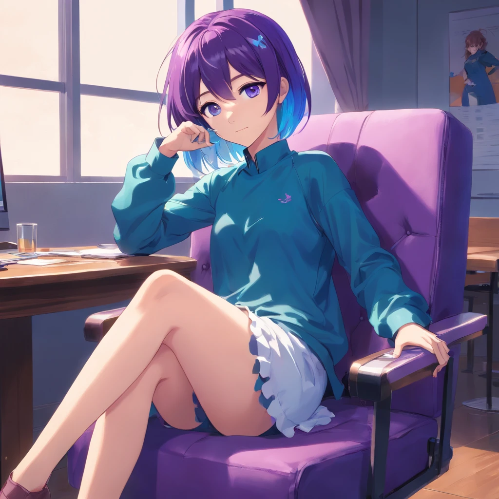 Purple and blue hair,Blue and purple gradient eyes,Sitting on a heaven chair with legs crossed,face perfect,happy look,Queen style costumes,girl with,Light coming in from the right,cyan and black clothes, Avoid quirky colors and unnatural shapes,