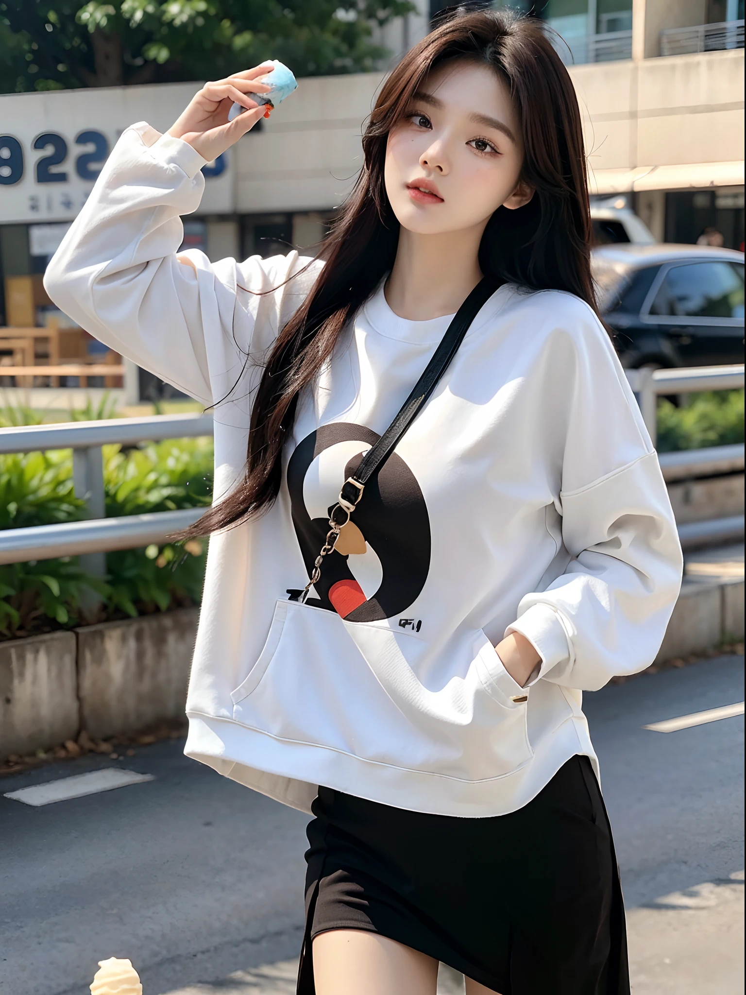 masterpiece、top-quality)、1 beutiful girl、Slim body、((Black and white plain clothes:1.1))、(Detailed beautiful eyes)、In the Han River、Face similar to Chaewon in Le Selefim、((Boyish Brown Medium Hair))、((Smaller face))、((Neutral face))、((Light brown eyes))、((Korean Girl))、((18year old))、((cool lady))、((Embarrassed expression))、((Korean Makeup))、((elongated and sharp eyes))、((Happy dating))、((boyish))、((She is walking in front of the viewer))、((Holding ice cream in hand))、((Looking Up))、((shot from a side angle))