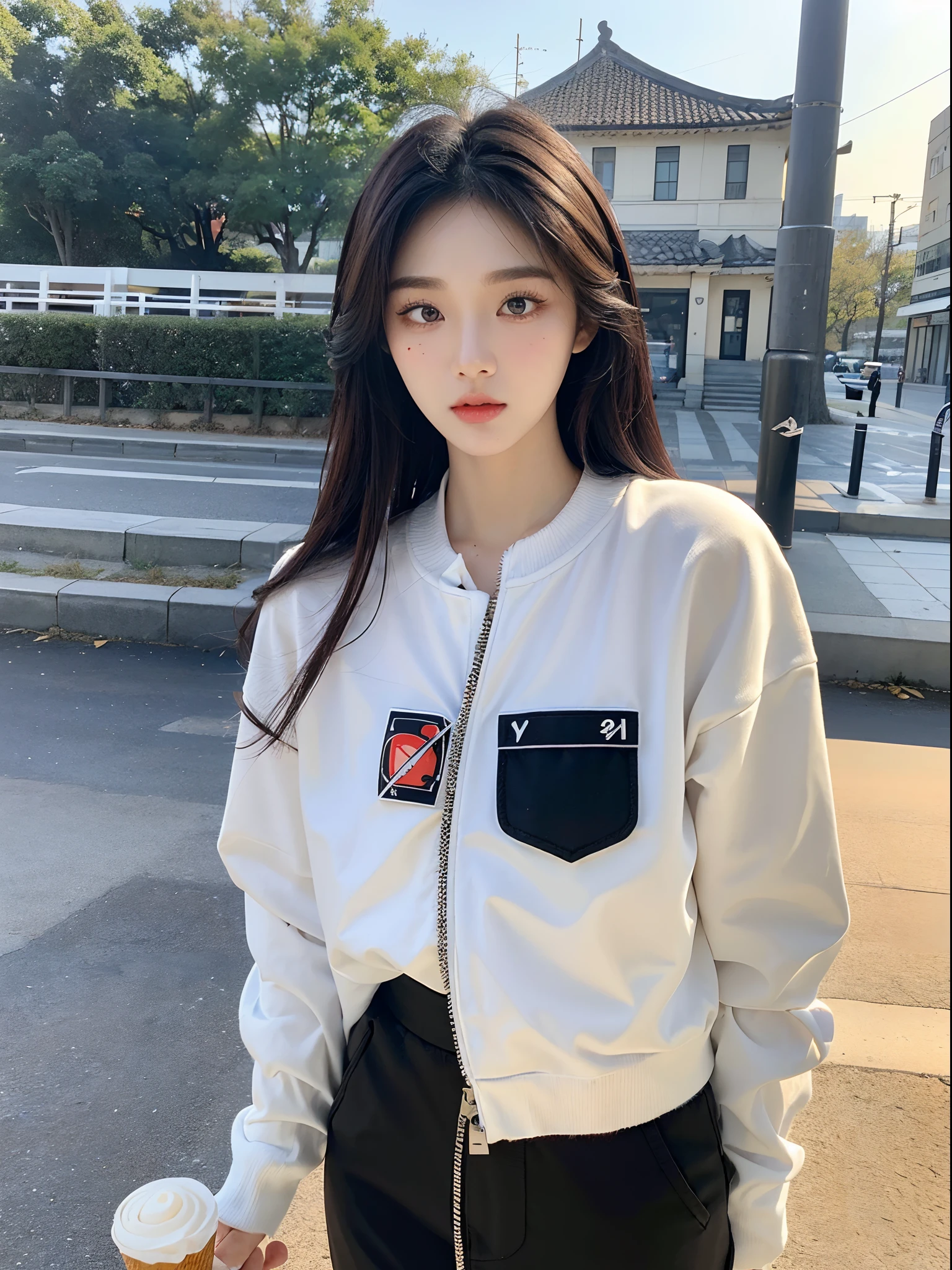 masterpiece、top-quality)、1 beutiful girl、Slim body、((Black and white plain clothes:1.1))、(Detailed beautiful eyes)、In the Han River、Face similar to Chaewon in Le Selefim、((Boyish Brown Medium Hair))、((Smaller face))、((Neutral face))、((Light brown eyes))、((Korean Girl))、((18year old))、((cool lady))、((Embarrassed expression))、((Korean Makeup))、((elongated and sharp eyes))、((Happy dating))、((boyish))、((She is walking in front of the viewer))、((Holding ice cream in hand))、((Looking Up))、((shot from a side angle))