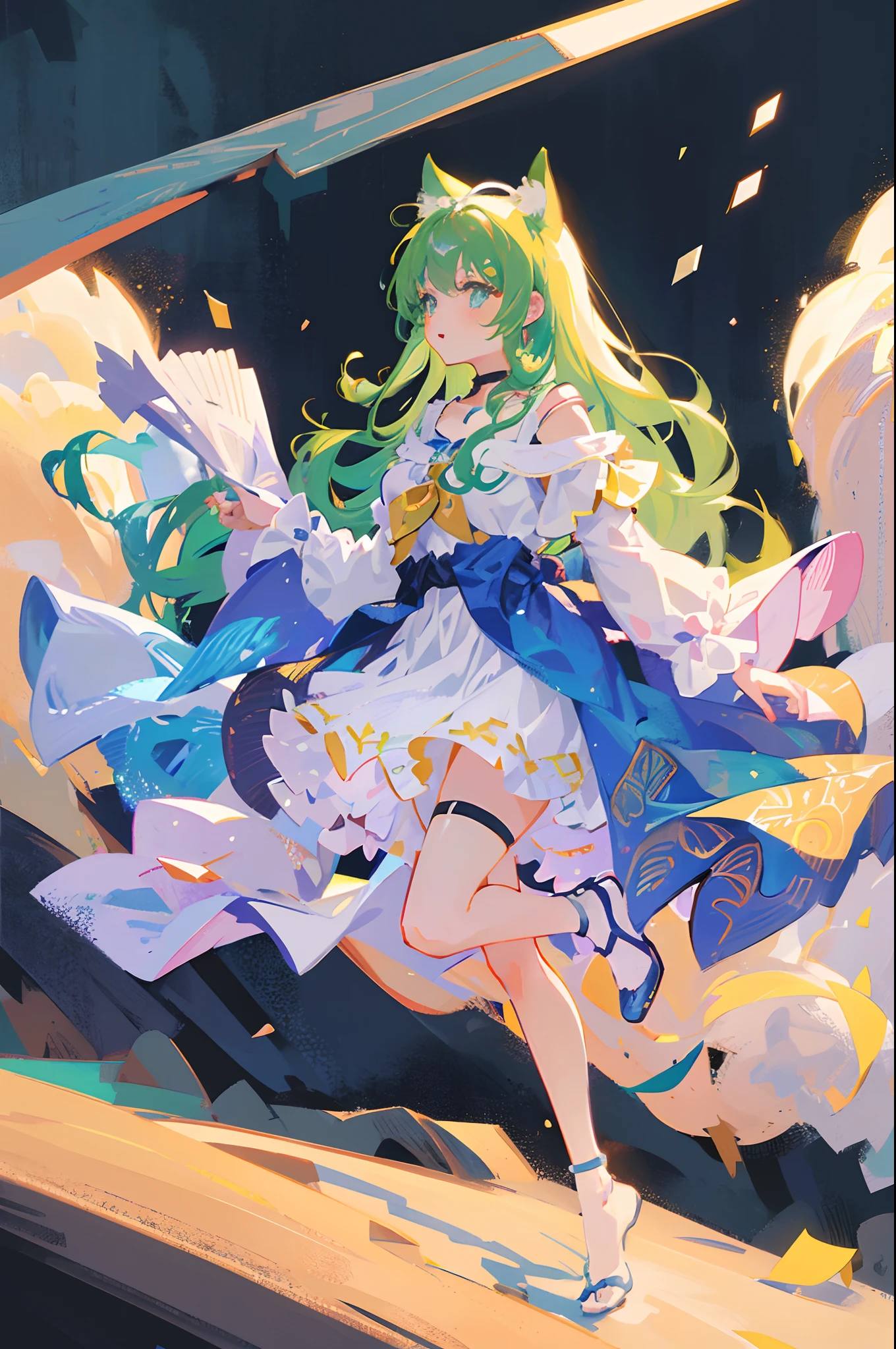 1 girl, Original image, (Glitter), Solo, (gradation hair: 1.6), ((Long hair: 1.4)), Happiness, (White blouse, Brown Bubble Skirt: 1.2), pastel color, Fantasy World, Art Nouveau, Alphonse Mucha, Cute Girl, Ad Tech, Colorful Symbols, a hologram, Science fiction, Mioha, Green hair, Cat ears, One cat's tail, Long hair, Green eyes, Ahoge, choker necklace, medium breasts⁩, Black Foot Wear,Running sideways [(white backgrounid:1.5),::5] hexagonal shaped