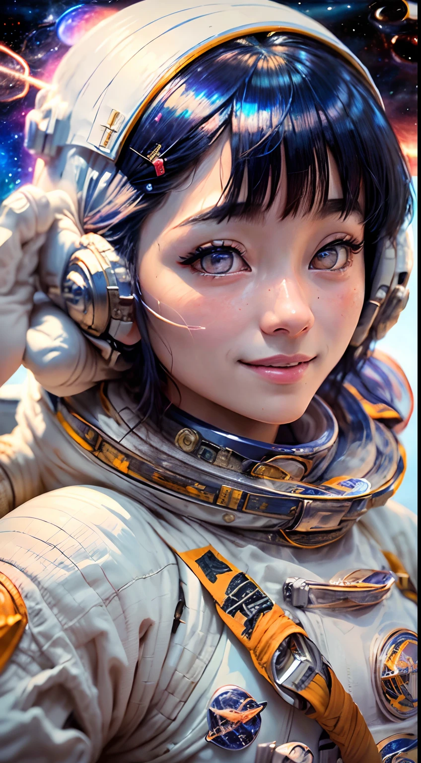 (Innovative spacesuit design)、Create ultra-detailed and futuristic images of beauty astronauts,(Ultra-futuristic design spacesuit) 、(((((A slender)))))、26 year old、Colossal tits、Earth Eye、((((((Photorealsitic)))))、high-level image quality、Raw photo、8K、((((Iridescent inner hair)))、((((((Work in space))))))、A futuristic space city is in the background、red blush、Shy、ssmile