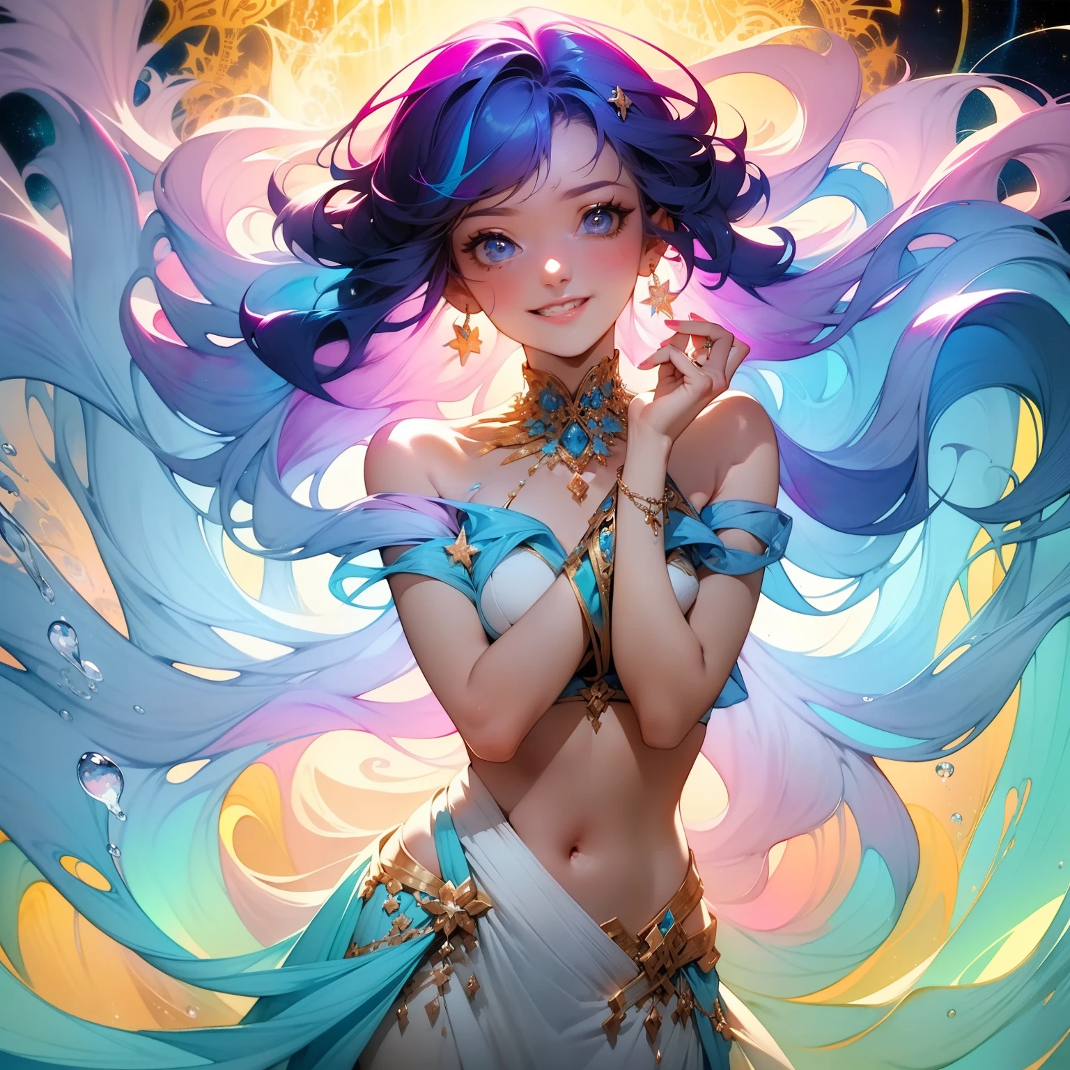 (masterpiece, top quality, best quality,watercolor (medium),official art, beautiful and aesthetic:1.2),(1girl:1.3), (fractal art:1.3), full luscious body, smiling, inviting you in looking at viewer,patterns,(rainbow color Hair,colorful hair,half blue and half pink hair:1.2),water,liquid, cloud,colorful, starry,stars, goddess of pleasure, dripping cream.