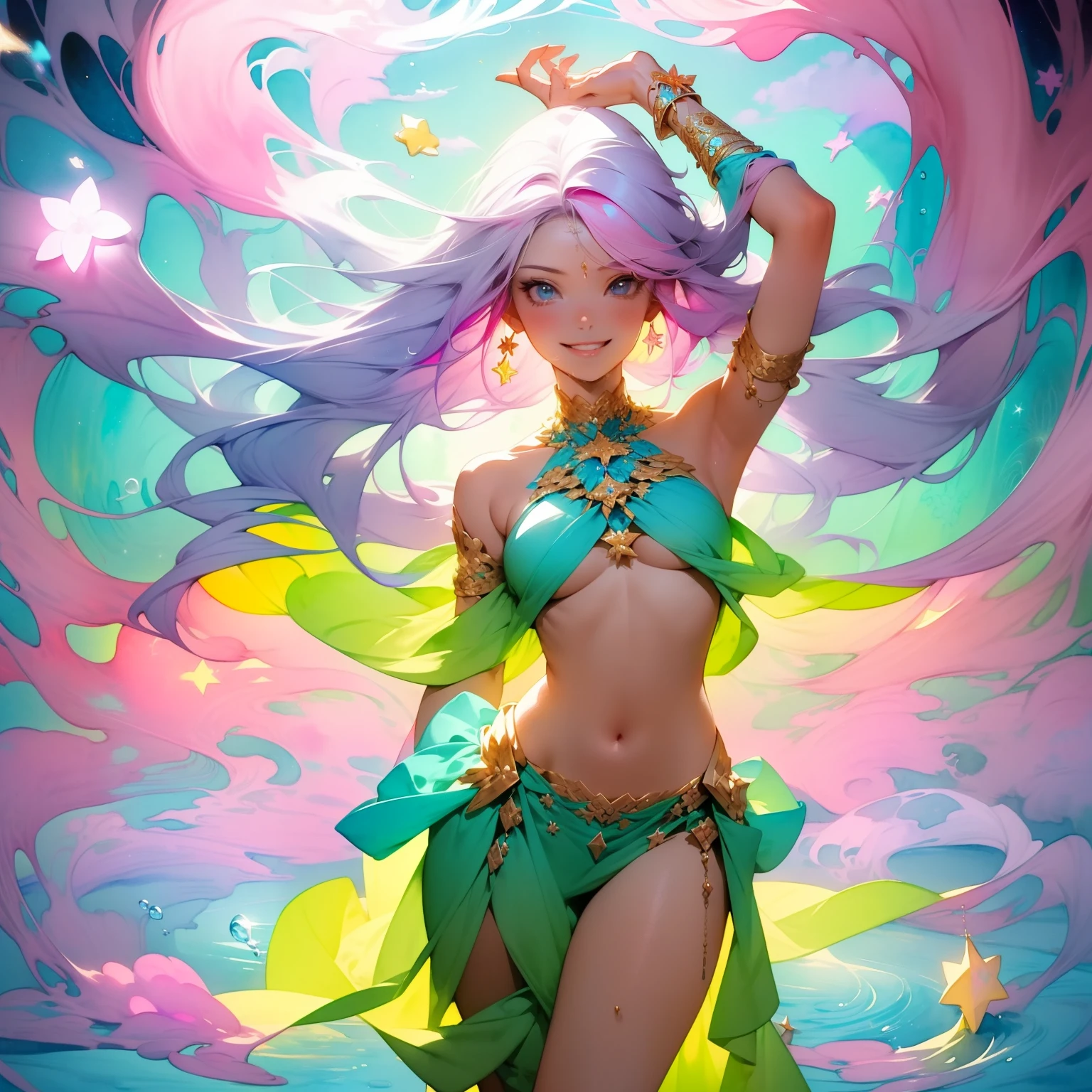(masterpiece, top quality, best quality,watercolor (medium),official art, beautiful and aesthetic:1.2),(1girl:1.3), (fractal art:1.3), full luscious body, smiling, inviting you in looking at viewer,patterns,(rainbow color Hair,colorful hair,half blue and half pink hair:1.2),water,liquid, cloud,colorful, starry,stars, goddess of pleasure, dripping cream.