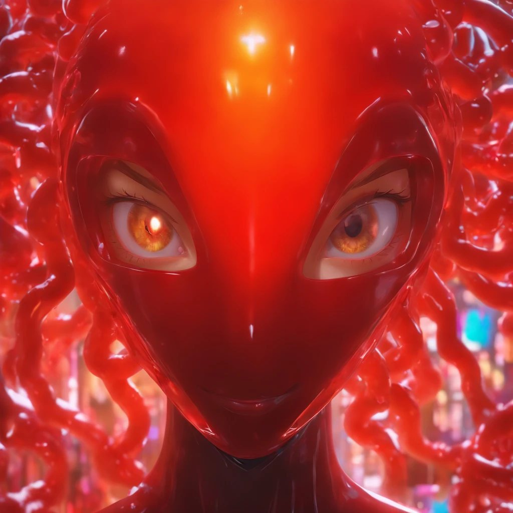 Semi-body shot, Ultra Realistic Photo, Beautiful model wearing an avant-garde jelly alien nun mask, rendering by octane