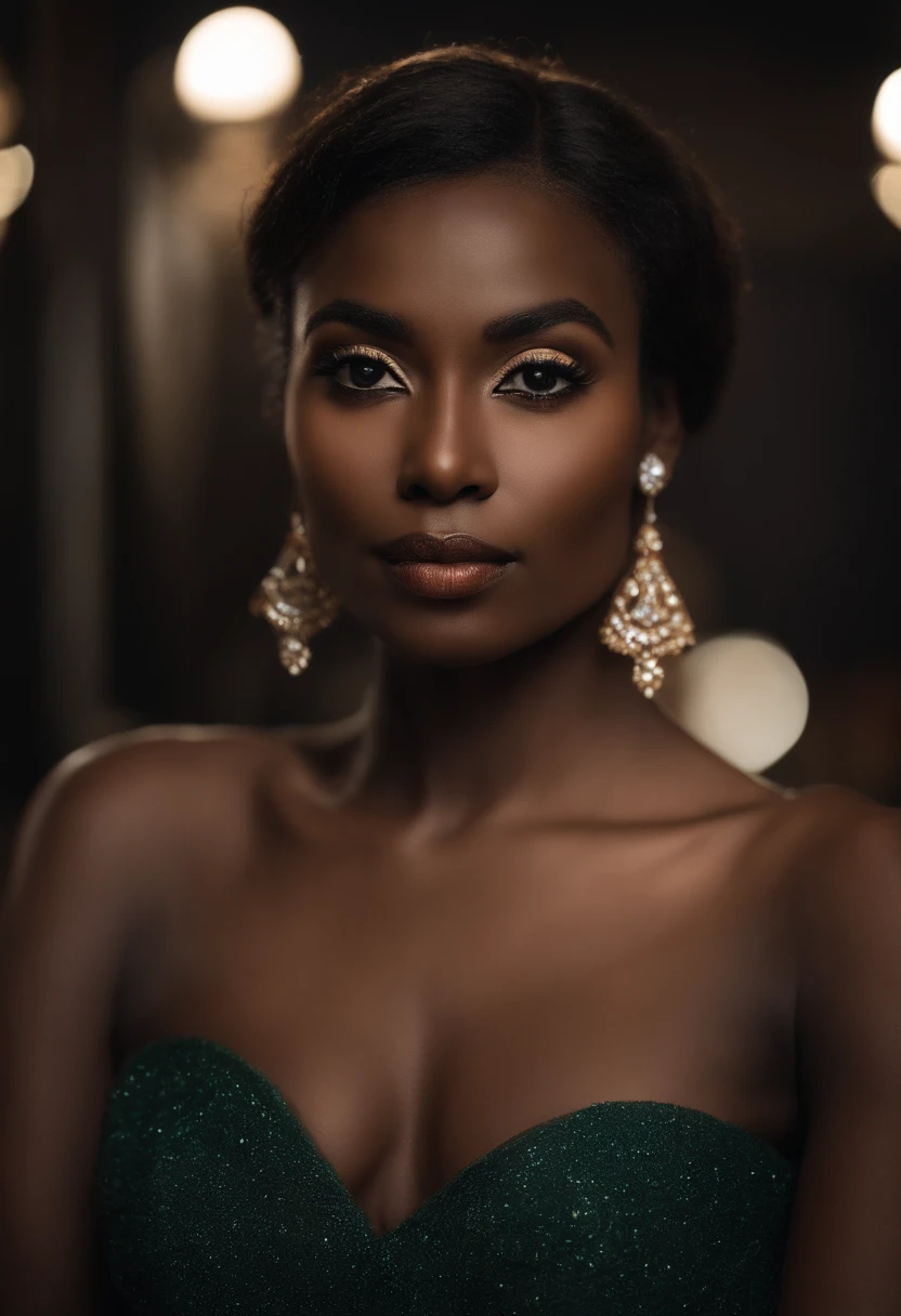 grain du film, photographed with a Sony a9 II mirrorless camera, style analogique, beau, Masterpiece, beste-Qualit, Aamari, A woman in an evening dress looks at the camera, le jour, very dark skin, extremely detailed face, Tir de buste, perfect  lighting