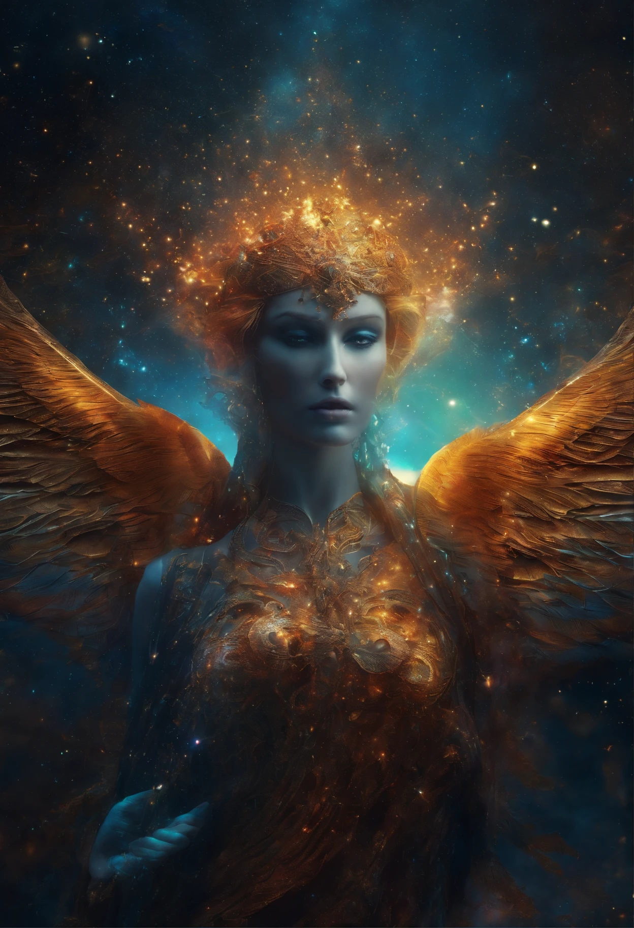 (a cosmic fallen angel:1.1, eerie:0.9, creepy:0.9, nightmarish, very bright colors, light particles, with light glowing, Mshiv, wallpaper art:1.1, UHD wallpaper, bioluminescent, surrealistic, dark background, detailed wings, glowing mystical symbols, ethereal glow, hauntingly beautiful, heavenly aura, delicate body, fiery red hair, delicate ethereal dress, floating in midair, surrounded by stars and galaxies, otherworldly landscape, cosmic energy radiating from the angel, mysterious and captivating, glowing eyes illuminating the darkness, intricate biomechanical details, celestial being, supernatural presence, captivating facial features, celestial light casting shadows)