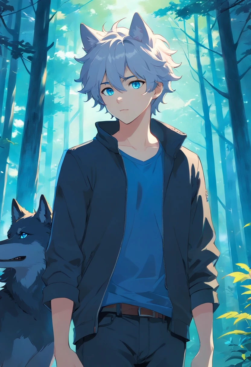 A young age man with white curly hair and vibrant blue eyes is in a black outfit with blue details is a huge black wolf in front of him surrounded by a forest in the so-called blues