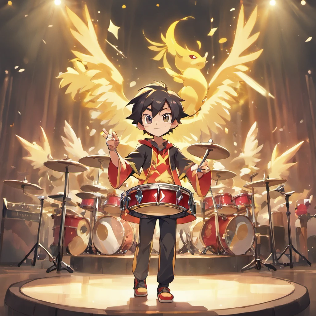 a boy, drum player, Equip drum sticks, Street Musician, ultra detailed, high definition, highest quality, Game Character Design, fullbody, standing posture,