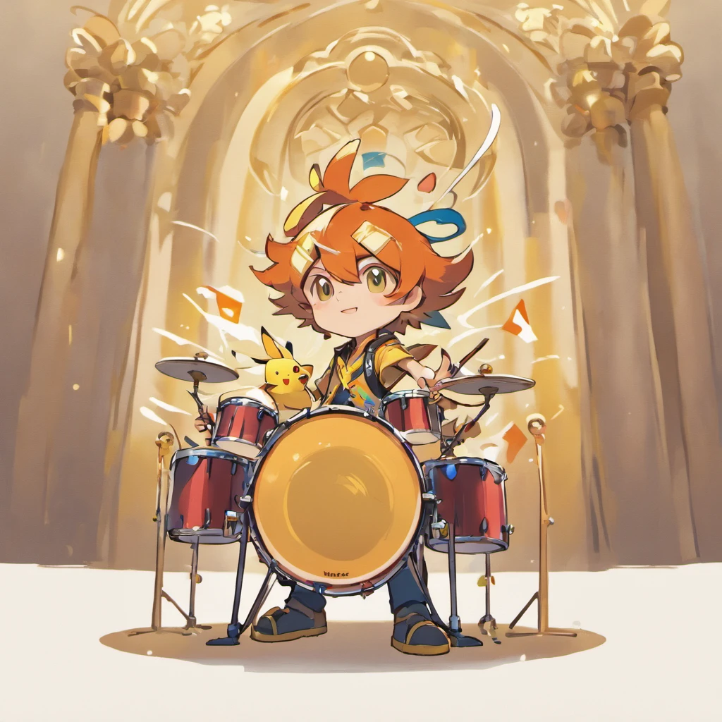 a boy, drum player, Equip drum sticks, Street Musician, ultra detailed, high definition, highest quality, Game Character Design, fullbody, standing posture,