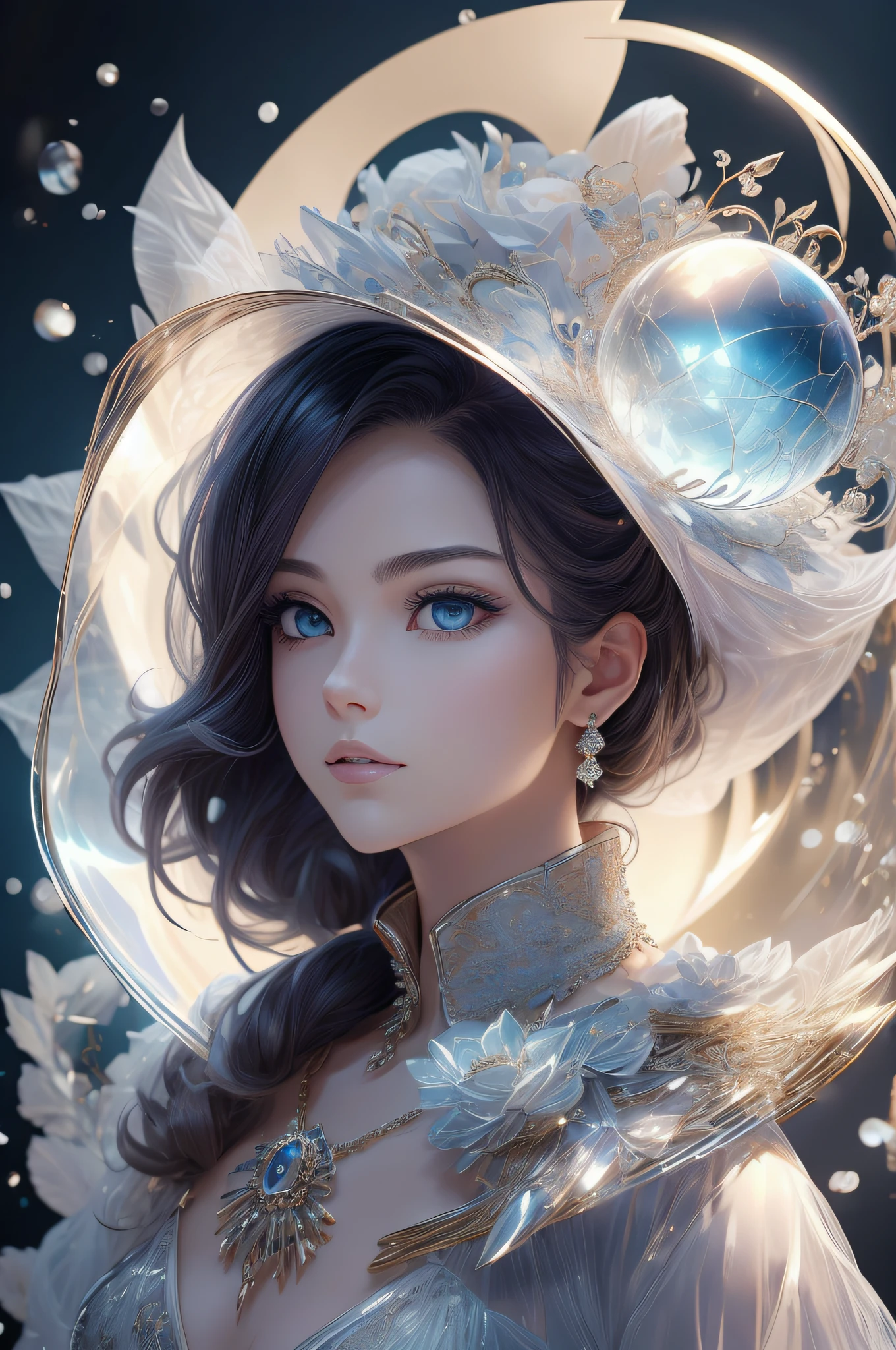 tmasterpiece,alta resolução,((Magic Orb)),Dynamic bust of the beautiful aristocratic maiden,Cabelo castanho castanho elegantemente enrolado,((Wearing a huge blue hat)),roxo olhos claros,The hair is covered with a beautiful and delicate floral craftsmanship, filigrana de joias de cristal,detalhes ultra-detalhados,prolongado。