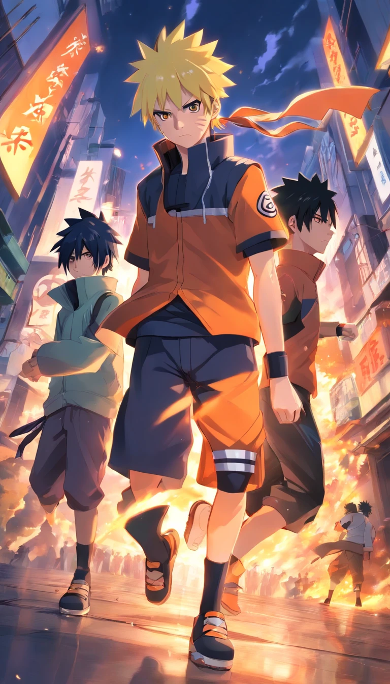 Naruto, Kakashi Hatake, Sasuke, Meisterwerk, Affen Jungen, epischer Kampf, cooles Ninja-Outfit, rauchige Hintergrundszene