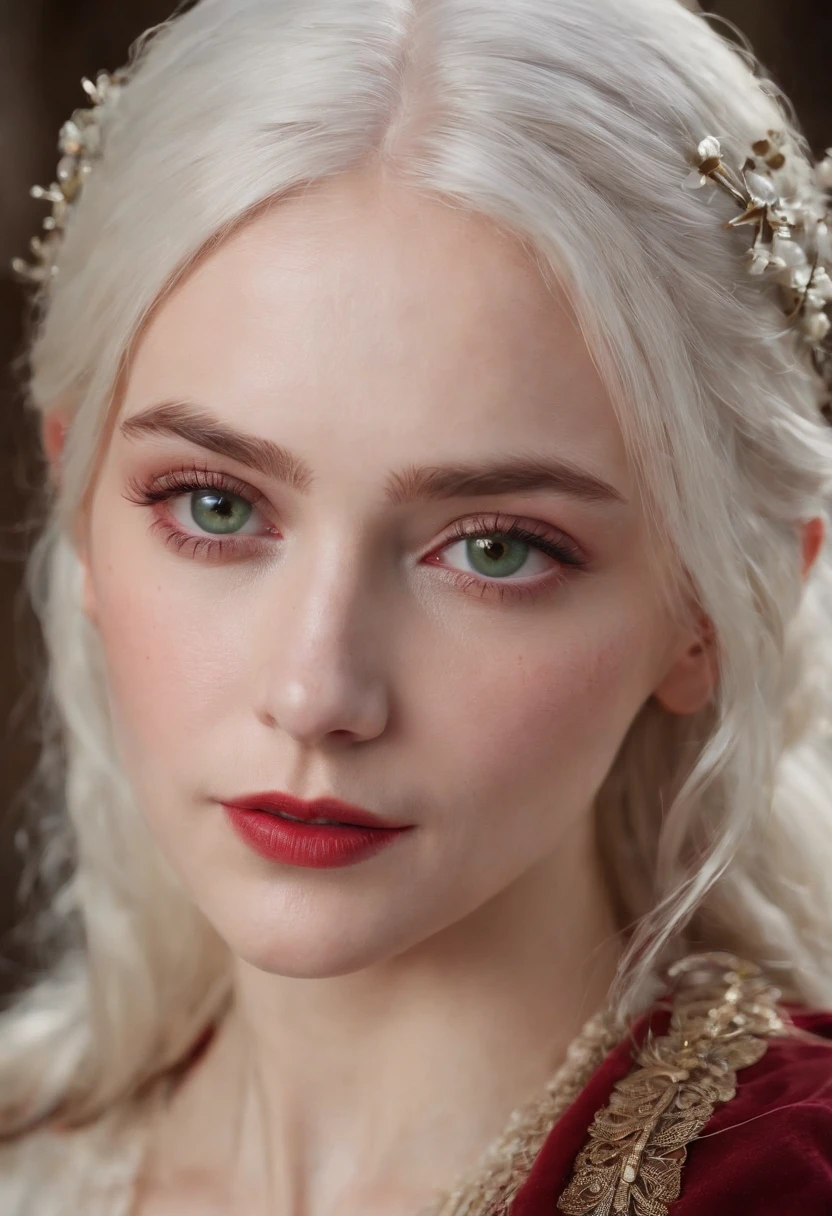 (((A deep, red wound crosses her left cheek))) White complexion, Women around 19 years of age, Natural white hair, Unique green eyes, Wearing a call, Slender and elegant, beautiful, Candles in the Middle Ages, ultra sharp focus, Realistic shots, Medieval women's clothes, Tetradic color (scar:1.4)