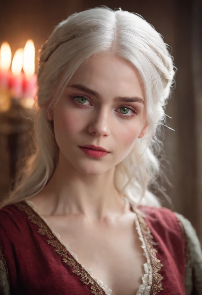 (((A deep, red wound crosses her left cheek))) White complexion, Women around 19 years of age, Natural white hair, Unique green eyes, Wearing a call, Slender and elegant, beautiful, Candles in the Middle Ages, ultra sharp focus, Realistic shots, Medieval women's clothes, Tetradic color (scar:1.4)