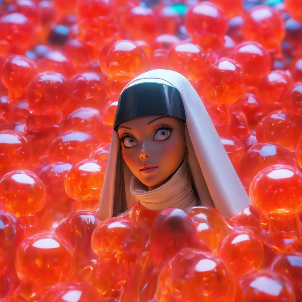 Semi-body shot, Ultra Realistic Photo, Beautiful model wearing an avant-garde jelly alien nun mask, rendering by octane