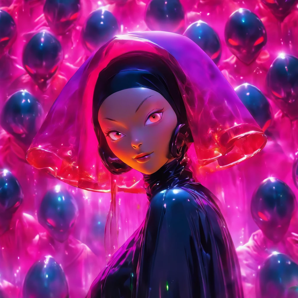 Semi-body shot, Ultra Realistic Photo, Beautiful model wearing an avant-garde jelly alien nun mask, rendering by octane