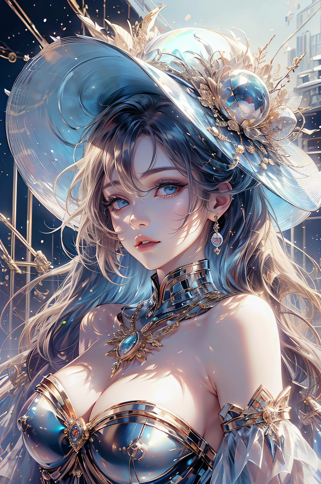 tmasterpiece,alta resolução,((Magic Orb)),Dynamic bust of the beautiful aristocratic maiden,Cabelo castanho castanho elegantemente enrolado,((Wearing a huge blue hat)),roxo olhos claros,The hair is covered with a beautiful and delicate floral craftsmanship, filigrana de joias de cristal,detalhes ultra-detalhados,prolongado。