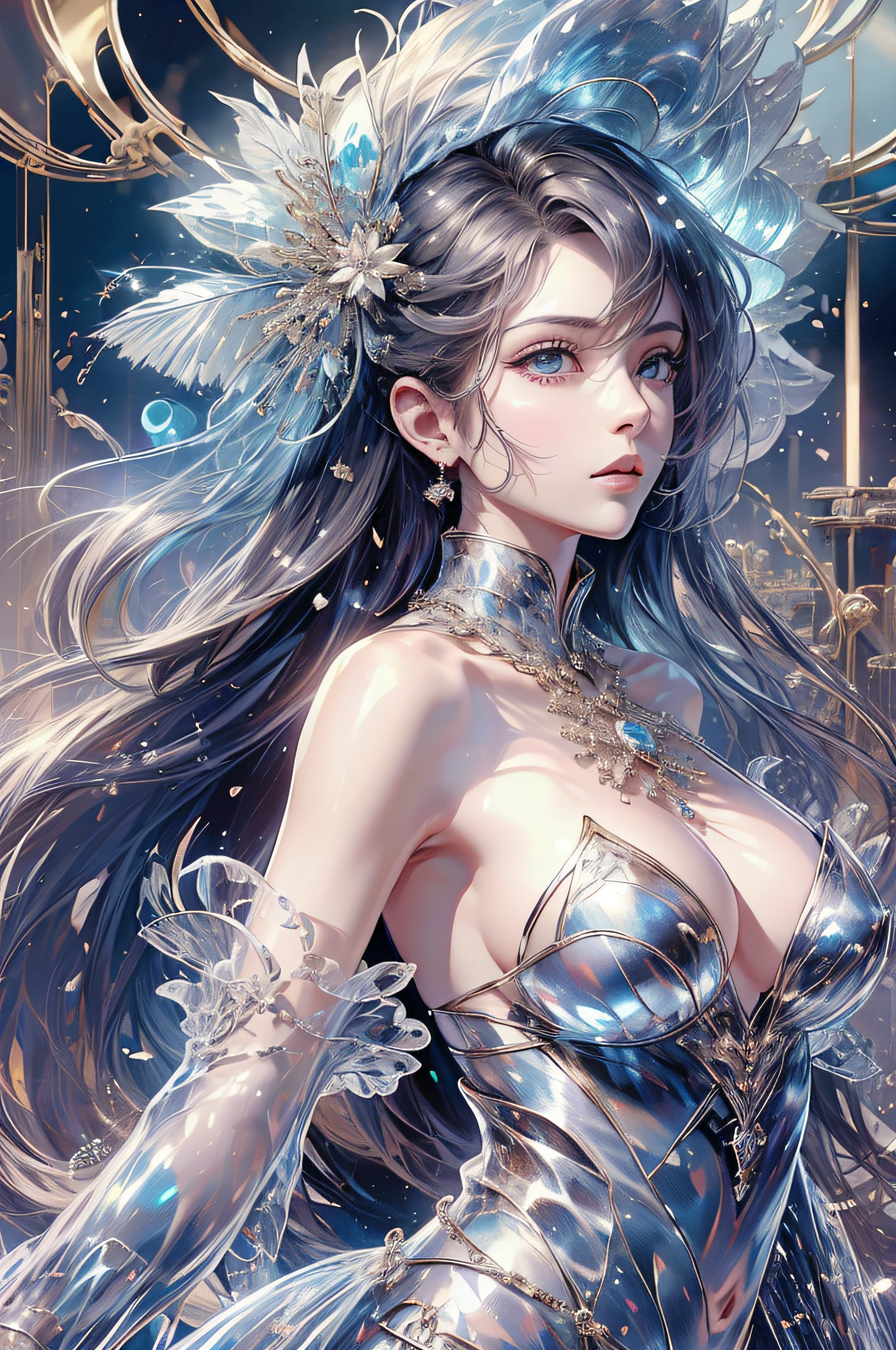 tmasterpiece，alta resolução，((Magic Orb))，Dynamic bust of the beautiful aristocratic maiden，Cabelo castanho castanho elegantemente enrolado，（(Wearing a huge blue hat))，roxo olhos claros，The hair is covered with a beautiful and delicate floral craftsmanship, filigrana de joias de cristal，detalhes ultra-detalhados，prolongado。