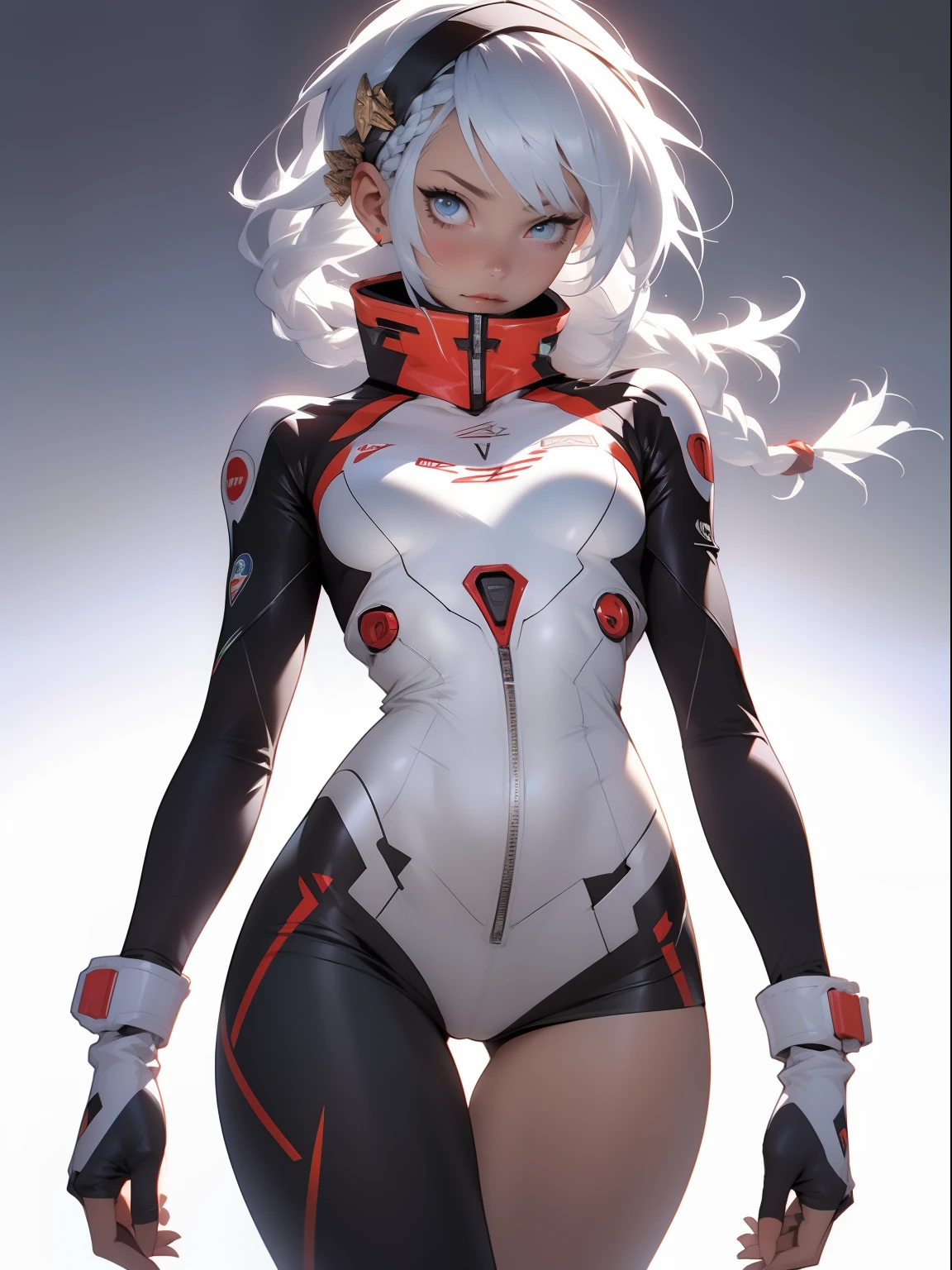 ((Best quality)), ((masterpiece)), (detailed: 1.4), (Absurd), War-ready female fighter pilot, dark skin, flash dc comics, lightning and lightning, muscular sculptural body defined, full body, half-thick naked thighs, closed mouth, muscular body covered in technological clothing, Neon Genesis Evangelion style, cyberpunk, generous neckline, ((perfect medium breasts)), (super light blue eyes without pupils),  ((white and dark red clothing)), (((white hair with braid))), long eyelashes heavy makeup, garter belt, by mucha, niji --V5, close to real, psychopathic, crazy face, sexy pose, background with a giant head of Genesis evangelion neon style robot, 2 pieces clothing, shoulder pads with airplane wings, pastel, centered, scale to fit the dimensions, HDR (High Dynamic Range), Ray Tracing,NVIDIA RTX,Super-Resolution,Unreal 5,Subsurface Dispersion, PBR Texture, Post-processing, Anisotropic Filtering, Depth of Field, Maximum Clarity and Sharpness, Multilayer Textures, Albedo and Specular Maps, Surface Shading, Accurate Simulation of Light-Material Interaction, Perfect Proportions, Octane Render, Two-Tone Lighting, Wide Aperture, Low ISO, White Balance, Rule of Thirds, 8K RAW, Crysisnanosuit