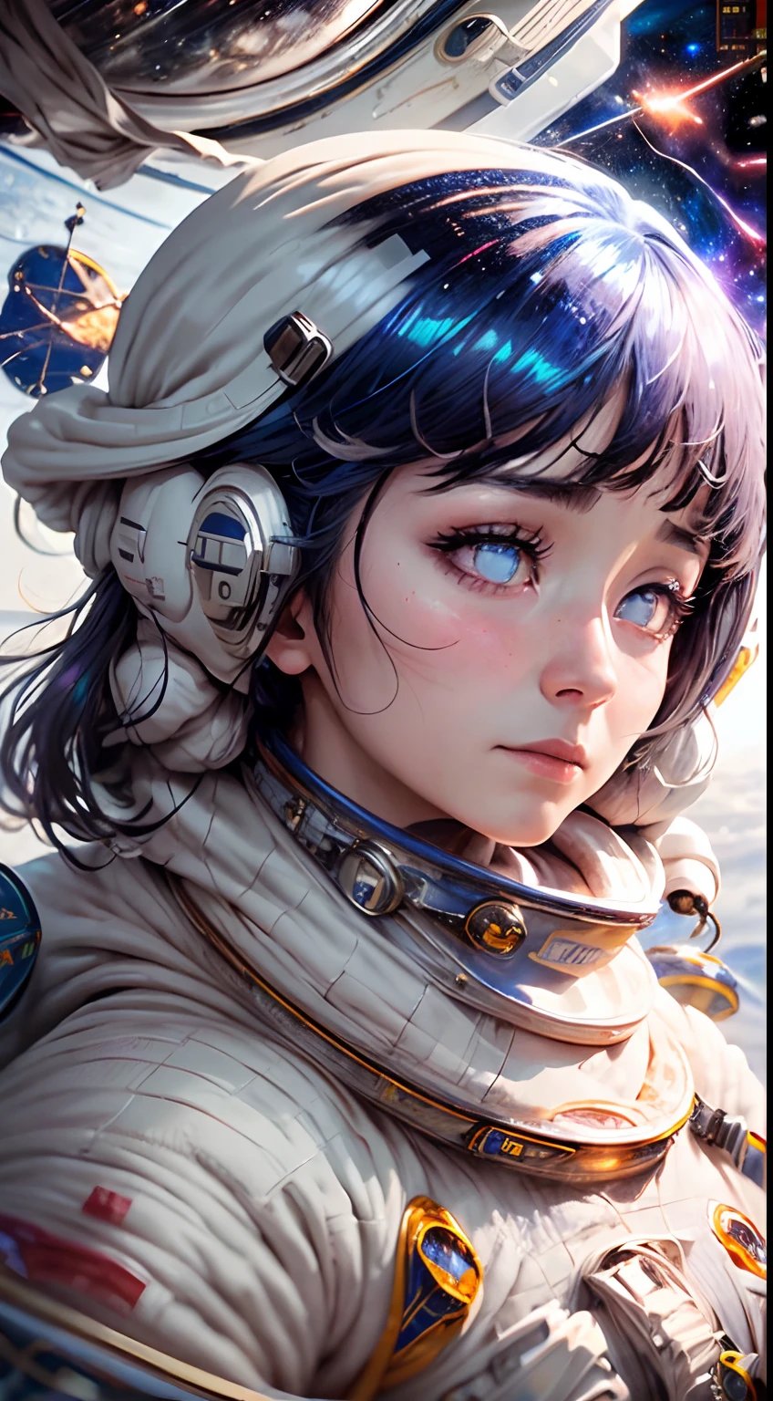 (Innovative spacesuit design)、Create ultra-detailed and futuristic images of beauty astronauts,(Ultra-futuristic design spacesuit) 、(((((A slender)))))、26 year old、Colossal tits、Earth Eye、((((((Photorealsitic)))))、high-level image quality、Raw photo、8K、((((Iridescent inner hair)))、((((((Work in space))))))、A futuristic space city is in the background、red blush、Shy、worried face