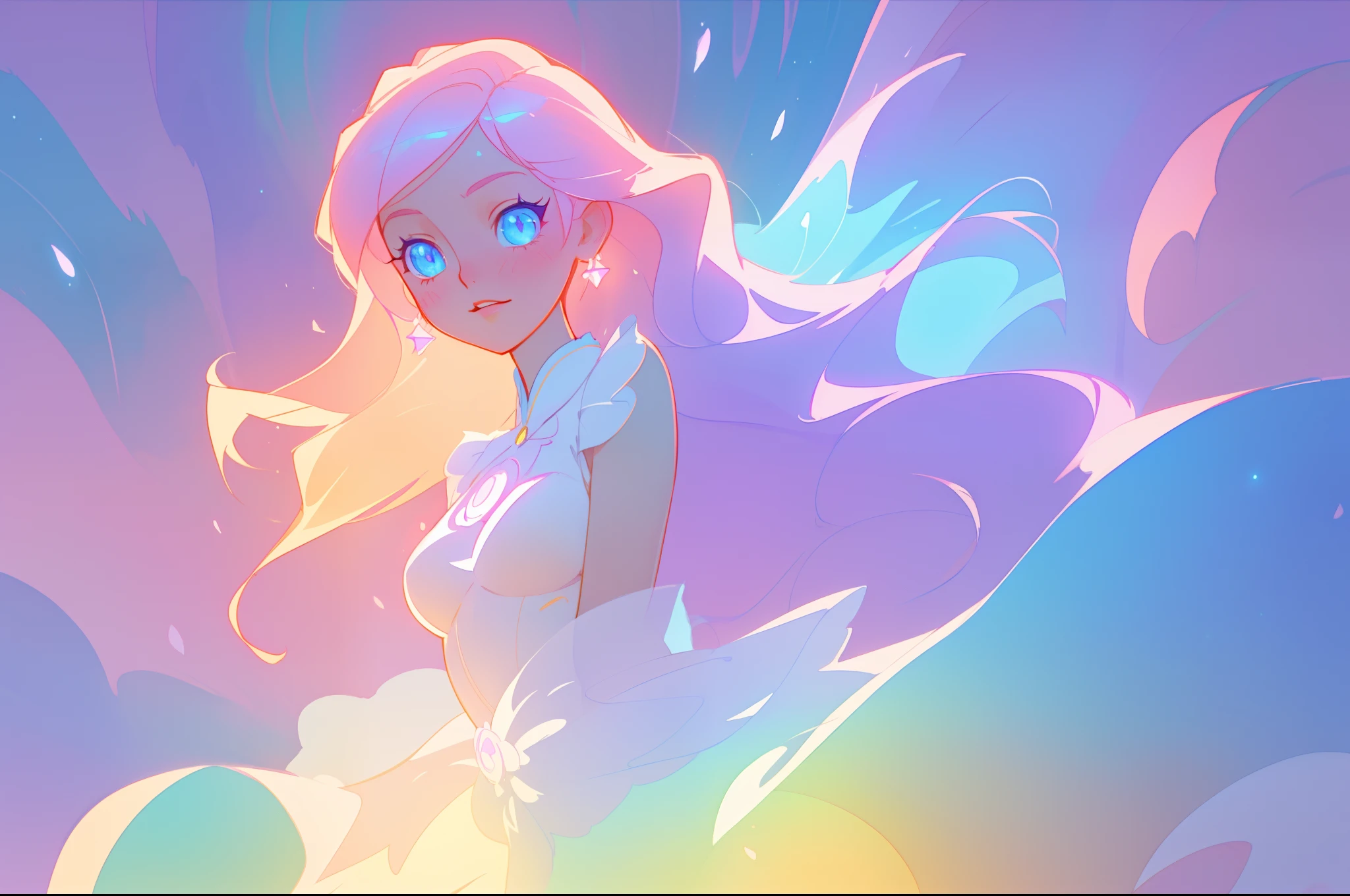 beautiful anime girl in layered intricately designed ballgown, inspired by Glen Keane, inspired by Lois van Baarle, disney art style, by Lois van Baarle, glowing aura around her, by Glen Keane, jen bartel, glowing lights! digital painting, flowing glowing hair, glowing flowing hair, beautiful digital illustration, fantasia background, whimsical, magical, fantasy, beautiful face, ((masterpiece, best quality)), intricate details, highly detailed, sharp focus, 8k resolution, sparkling detailed eyes, liquid watercolor
