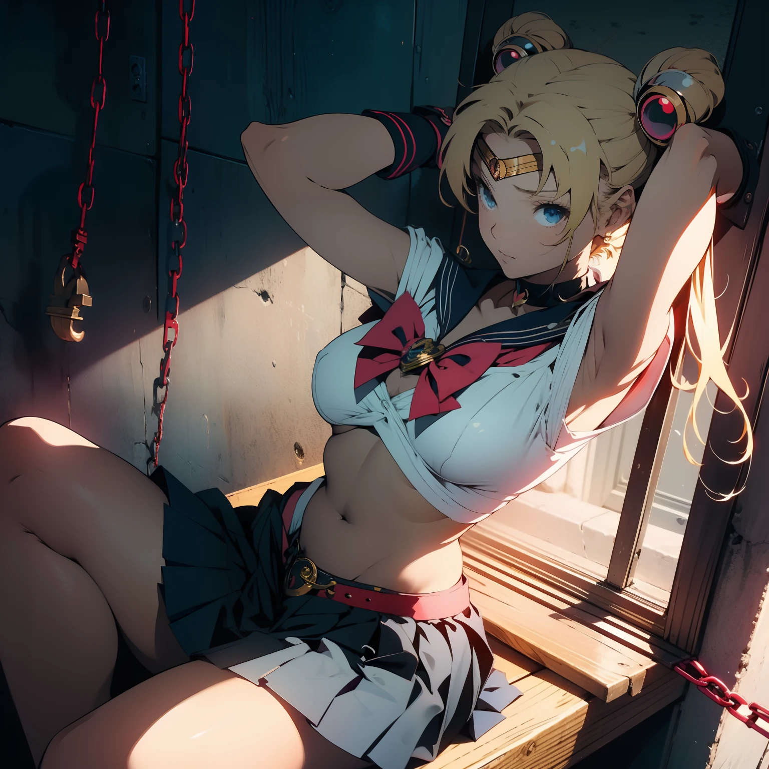 (masterpiece, best quality ) sailor moon, blonde, ywllow hair, hands chained to the ceilling, lifting arms above head, double bun, twintails, parted bangs, circlet, jewelry, earrings, choker, red bow, white gloves, elbow gloves, blue skirt style, red bow, blue eyes, visible bellybutton, underboob, sitting on a window sill with a black bra and cuffs, wrapped in leather straps, leather cuffs around wrists, restrained, harnesses and garters, handcuffed, handcuffs, dominant pose, sexy dominant pose,
