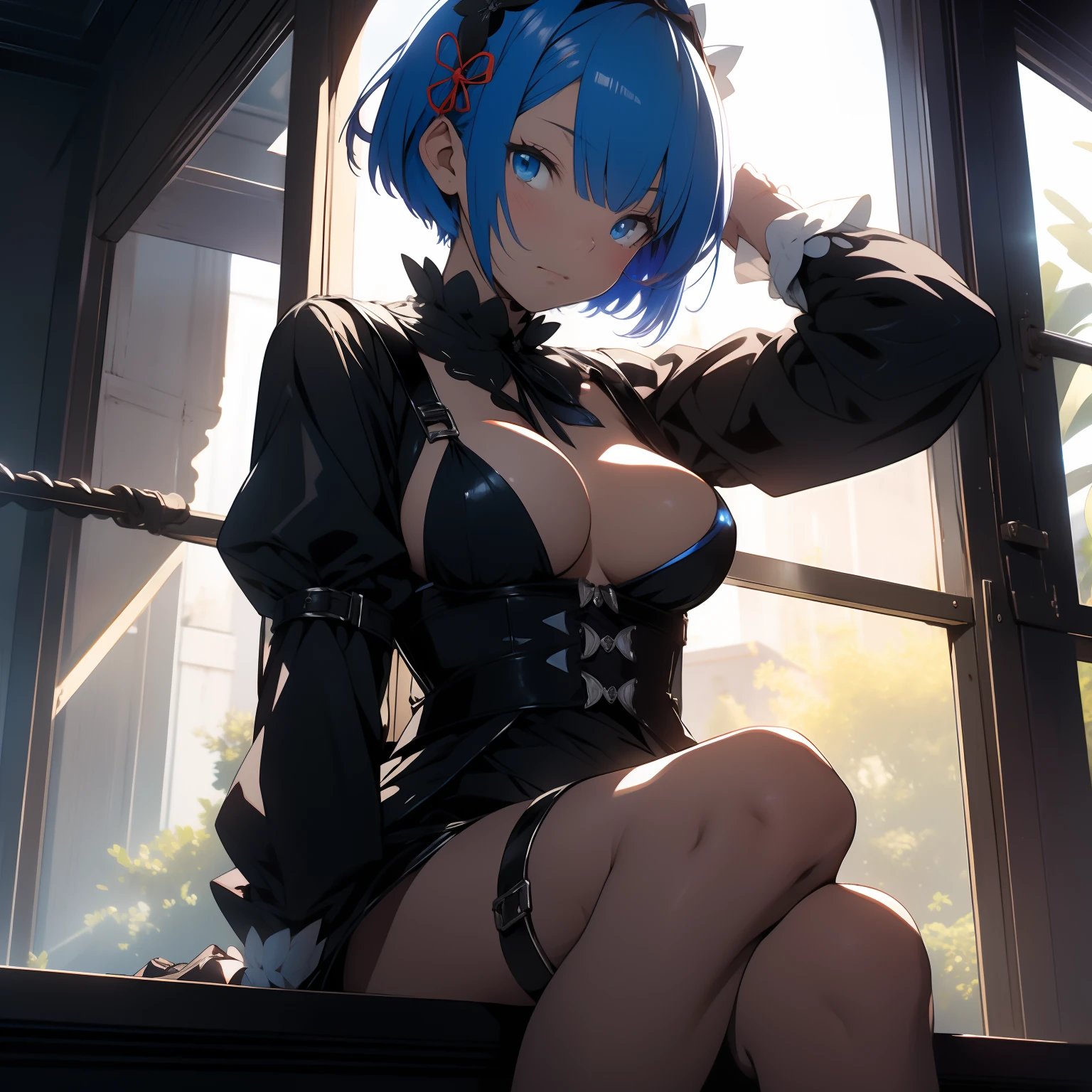 (masterpiece, best quality ) full body shot, rem from rezero, blue short hair, (wrists chained ) maid costume, blue eyes, sitting on a window sill with a black bra and cuffs, wrapped in leather straps, leather cuffs around wrists, restrained, harnesses and garters, handcuffed, handcuffs, dominant pose, sexy dominant pose, hands above her head, wrists chained to the ceiling, blushing