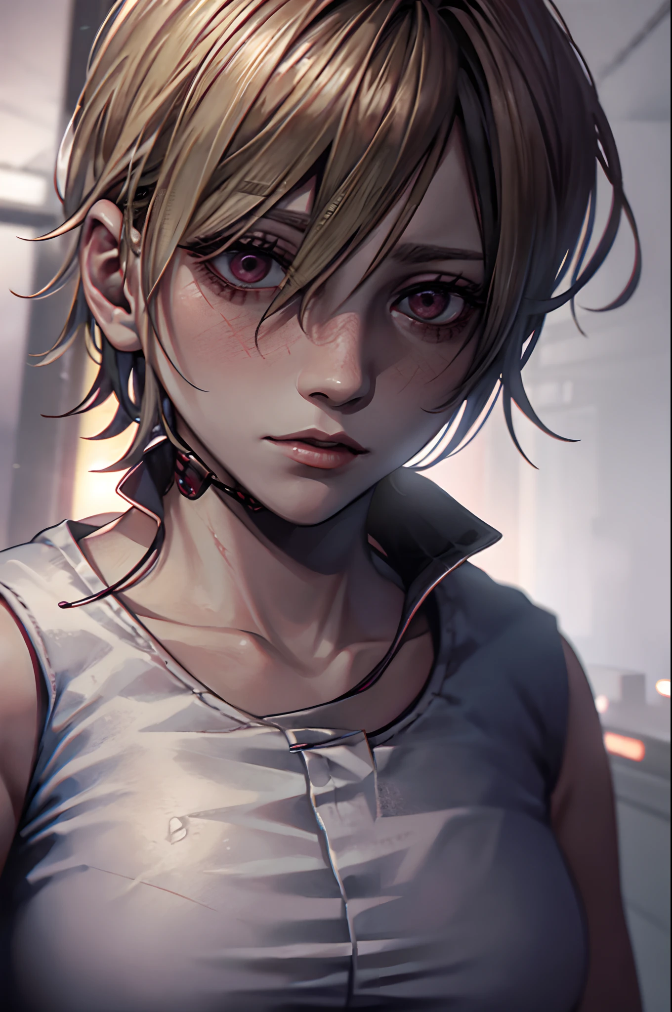 1girl, portrait, <lora:SH3Heather:0.8>, SH3Heather, brown eyes, sleeveless, sweater, white vest with hood, green mini skirt, amusement park, <lora:add_detail:0.7>, horror, gore, metalic walls, fences, rust, red walls, barbed wire, hooks, dark atmosphere,