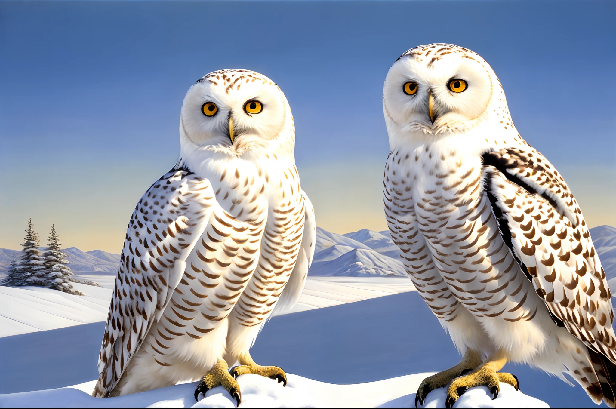 A beautiful winter landscape in the style of Ready for the Hunt Snowy Owl by Robert Bateman, subtle details, oil on canvas, fantastic view, accurate natural colors