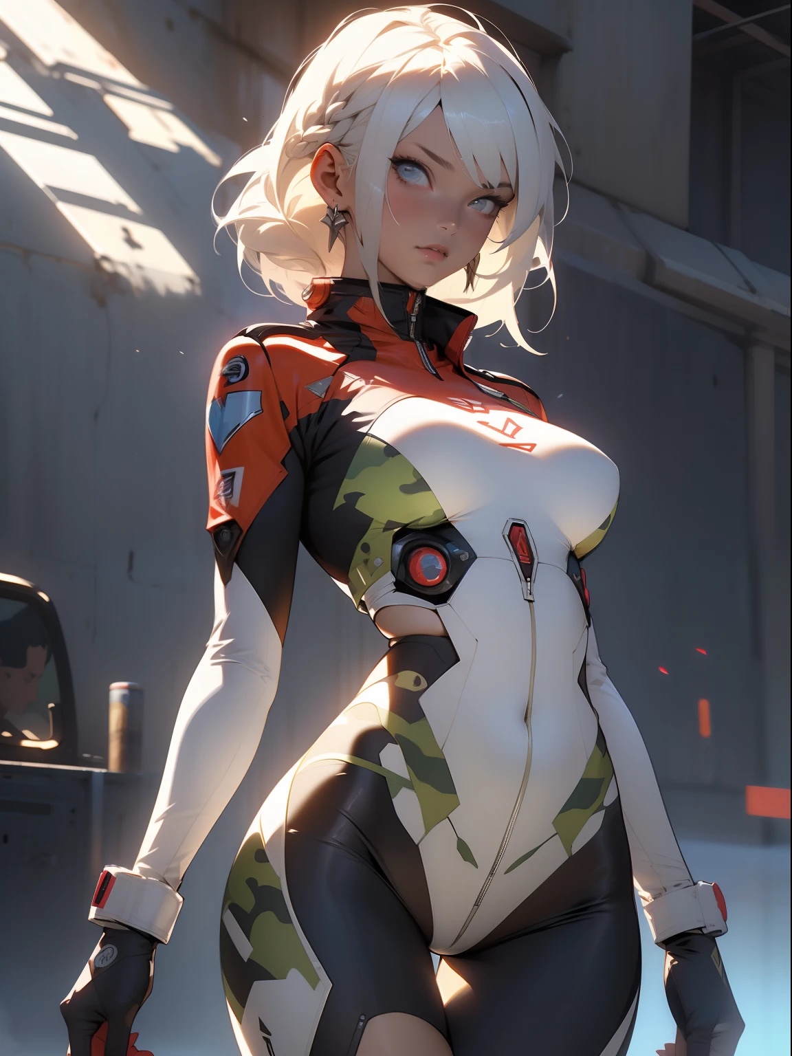 ((Best quality)), ((Masterpiece)), (Detailed: 1.4), (Absurde), Female fighter pilot ready for war with military bikini, marin, dark skinned, Sculpted body defined, corps entier, Cuisses nues, mouth closed, Cyberpunk, half-naked, generous neckline, ((Perfect huge breasts)), (Yeux bleu clair super clairs sans pupilles), (((Bikini camouflage militaire)), (((cheveux blancs avec tresse)))), longs cils maquillage lourd, porte-jarretelles, par mucha, niji --V5, close to real, psychopathique, visage parfait, sexy pose, Background with a giant Evangelion head, 2 piece clothes, cake, centered, scale to suit dimensions, Hdr (High Dynamic Range),Ray Tracing, NVIDIA RTX,Super-Resolution,Unreal 5,Dispersion souterraine, PBR Texture, Post-traitement, Filtrage anisotrope, profondeur de champ, Maximum Clarity and Sharpness, Textures multicouches, Albedo and specular maps, Ombrage de surface, Accurate Simulation of Light-Material Interaction, Proportions parfaites, Rendu octane, two tone lighting, Grande ouverture, ISO faible, Balance des blancs, Rule of Thirds, 8K RAW, Crysisnanosuit Bikini, thigh gap, belles hanches, Cowboy-shot