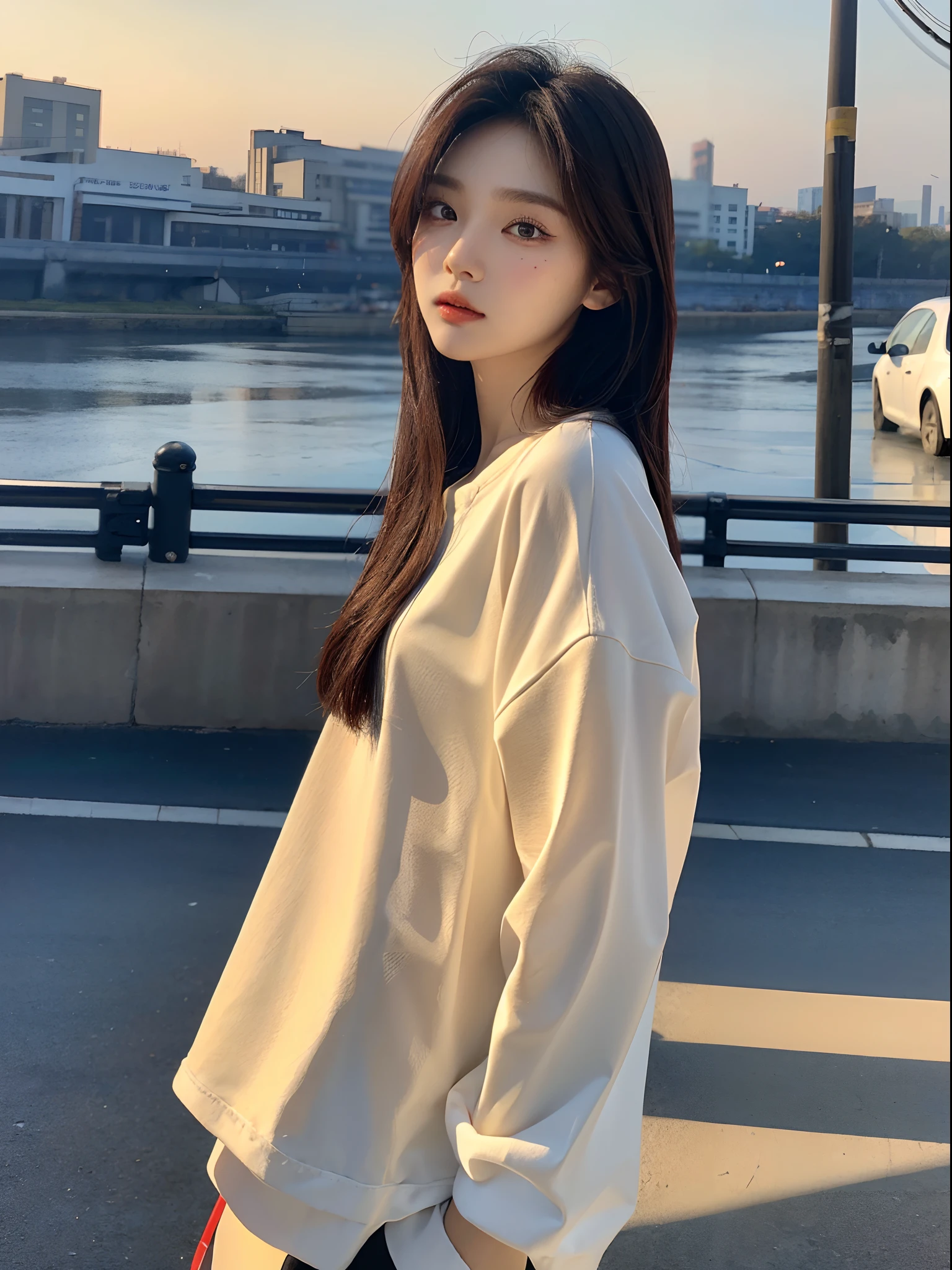 masterpiece、top-quality)、1 beutiful girl、Slim body、((Black and white plain clothes:1.1))、(Detailed beautiful eyes)、In the Han River、Face similar to Chaewon in Le Selefim、((Boyish Brown Medium Hair))、((Smaller face))、((Neutral face))、((Light brown eyes))、((Korean Girl))、((18year old))、((cool lady))、((Embarrassed expression))、((Korean Makeup))、((elongated and sharp eyes))、((Happy dating))、((boyish))、((She is walking in front of the viewer))、((Holding ice cream in hand))、((Looking Up))、((shot from a side angle))