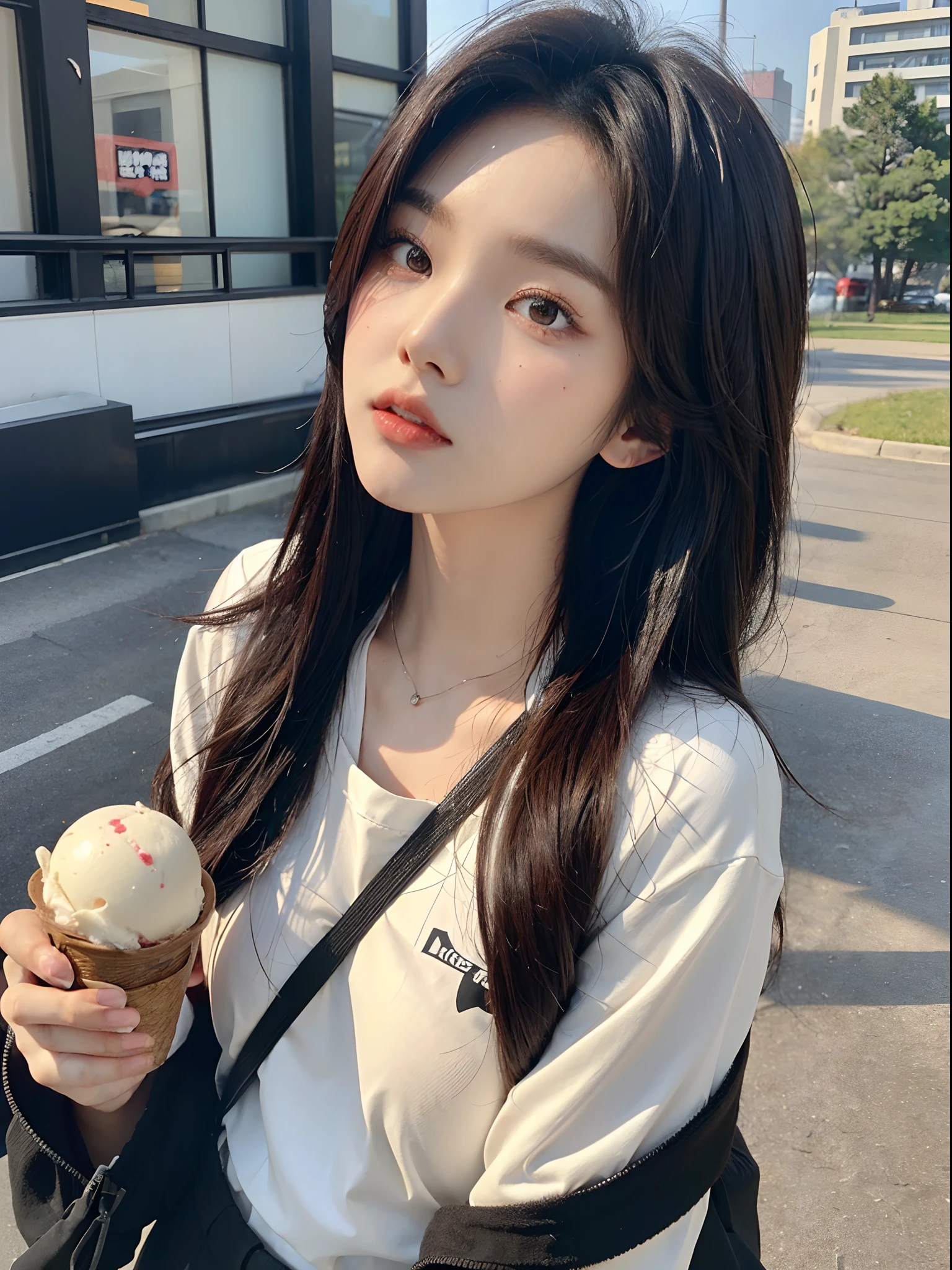 masterpiece、top-quality)、1 beutiful girl、Slim body、((Black and white plain clothes:1.1))、(Detailed beautiful eyes)、In the Han River、Face similar to Chaewon in Le Selefim、((Boyish Brown Medium Hair))、((Smaller face))、((Neutral face))、((Light brown eyes))、((Korean Girl))、((18year old))、((cool lady))、((Embarrassed expression))、((Korean Makeup))、((elongated and sharp eyes))、((Happy dating))、((boyish))、((She is walking in front of the viewer))、((Holding ice cream in hand))、((Looking Up))、((shot from a side angle))