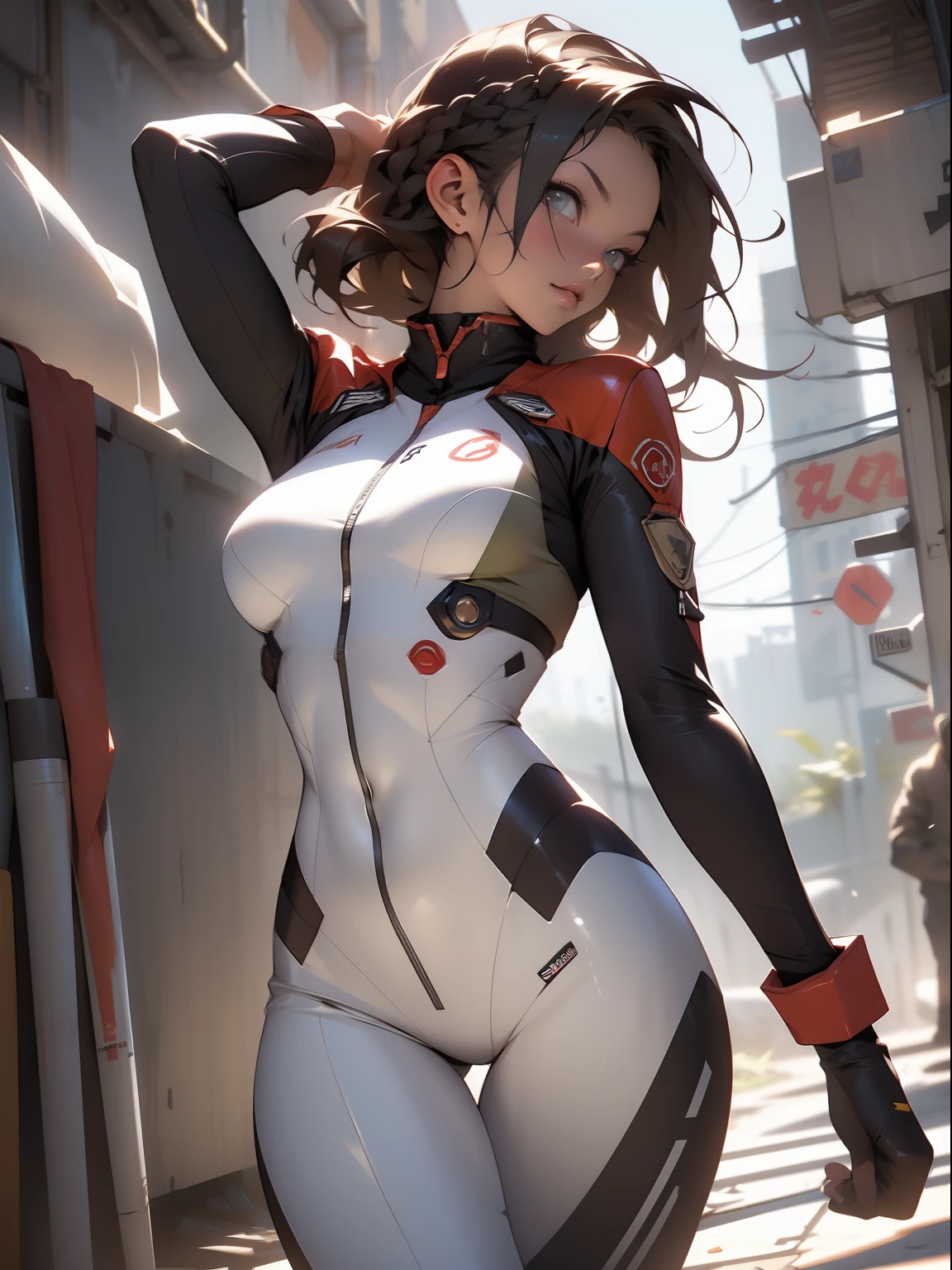((Best quality)), ((Masterpiece)), (Detailed: 1.4), (Absurde), Female fighter pilot ready for war with military bikini, marin, dark skinned, Sculpted body defined, corps entier, Cuisses nues, mouth closed, Cyberpunk, half-naked, generous neckline, ((Perfect huge breasts)), (Yeux bleu clair super clairs sans pupilles), (((Bikini camouflage militaire)), (((cheveux blancs avec tresse)))), longs cils maquillage lourd, porte-jarretelles, par mucha, niji --V5, close to real, psychopathique, visage parfait, sexy pose, Background with a giant Evangelion head, 2 piece clothes, cake, centered, scale to suit dimensions, Hdr (High Dynamic Range),Ray Tracing, NVIDIA RTX,Super-Resolution,Unreal 5,Dispersion souterraine, PBR Texture, Post-traitement, Filtrage anisotrope, profondeur de champ, Maximum Clarity and Sharpness, Textures multicouches, Albedo and specular maps, Ombrage de surface, Accurate Simulation of Light-Material Interaction, Proportions parfaites, Rendu octane, two tone lighting, Grande ouverture, ISO faible, Balance des blancs, Rule of Thirds, 8K RAW, Crysisnanosuit Bikini, thigh gap, belles hanches, Cowboy-shot