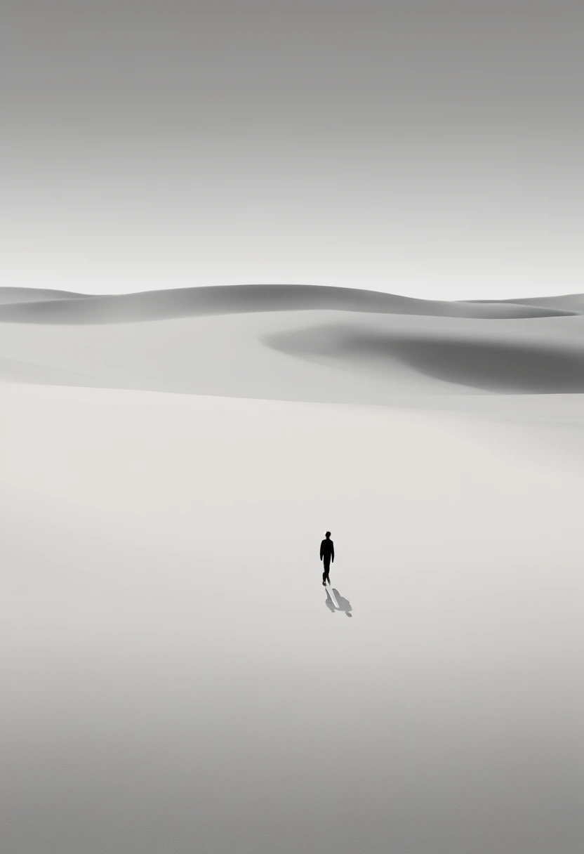 Create a minimalist and simple artwork featuring a solitary figure walking confidently through a vast and desolate landscape, banhada em tons dourados quentes. --ar 3:2
