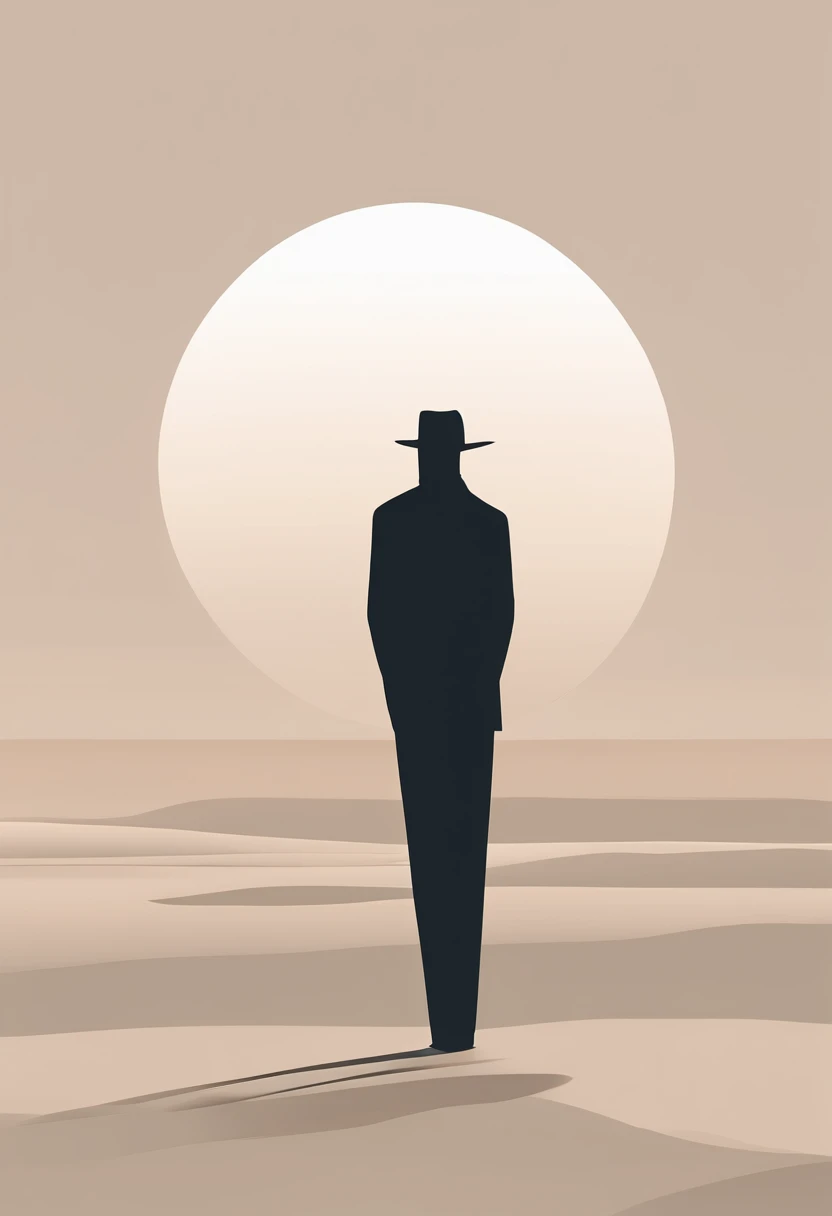 Create a minimalist and simple artwork featuring a solitary figure walking confidently through a vast and desolate landscape, banhada em tons dourados quentes. --ar 3:2