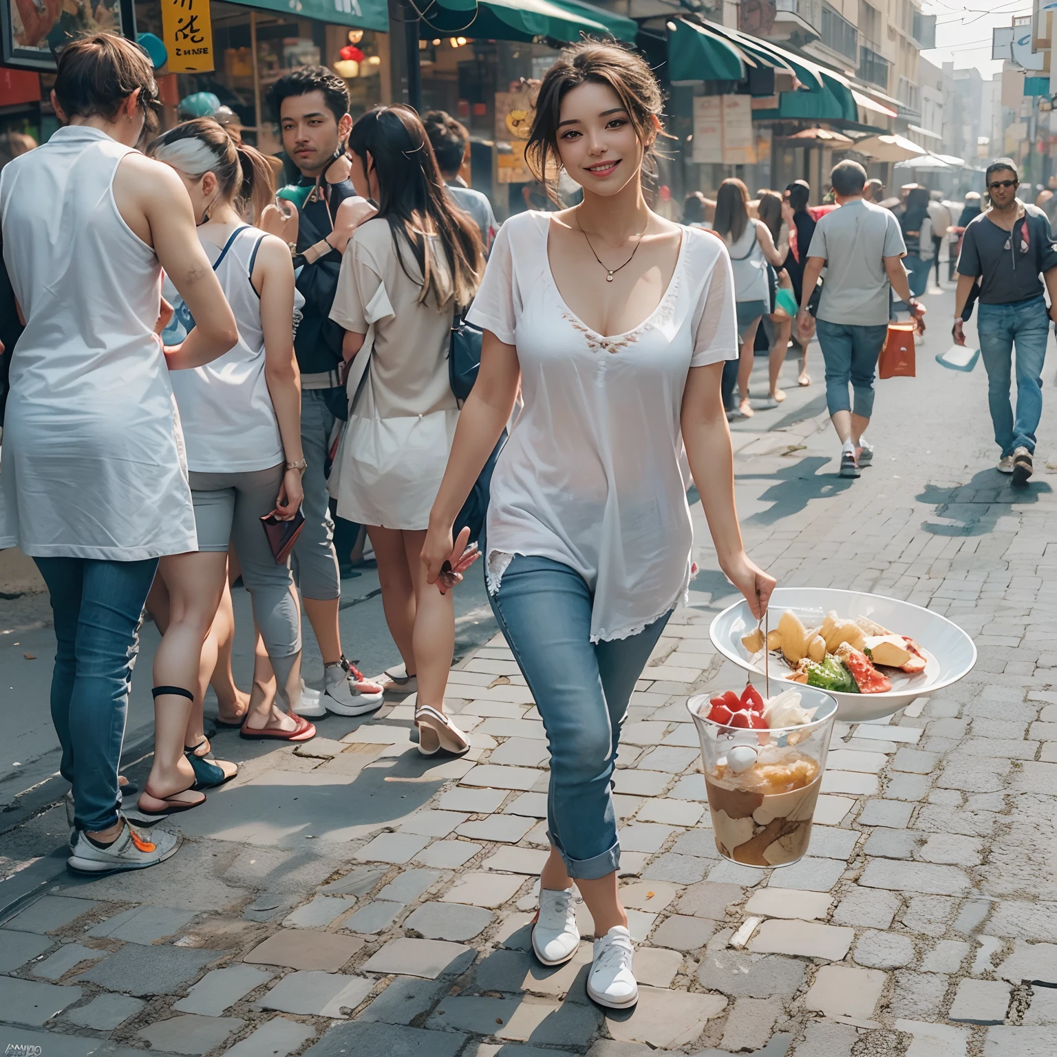 (work of art), (best qualityer), fotorrealism, realisitic, (1 girl), bare, perfectbody, breasts big, sexly, in street, ssmile, white  shirt, ventre, fine legs, Street food