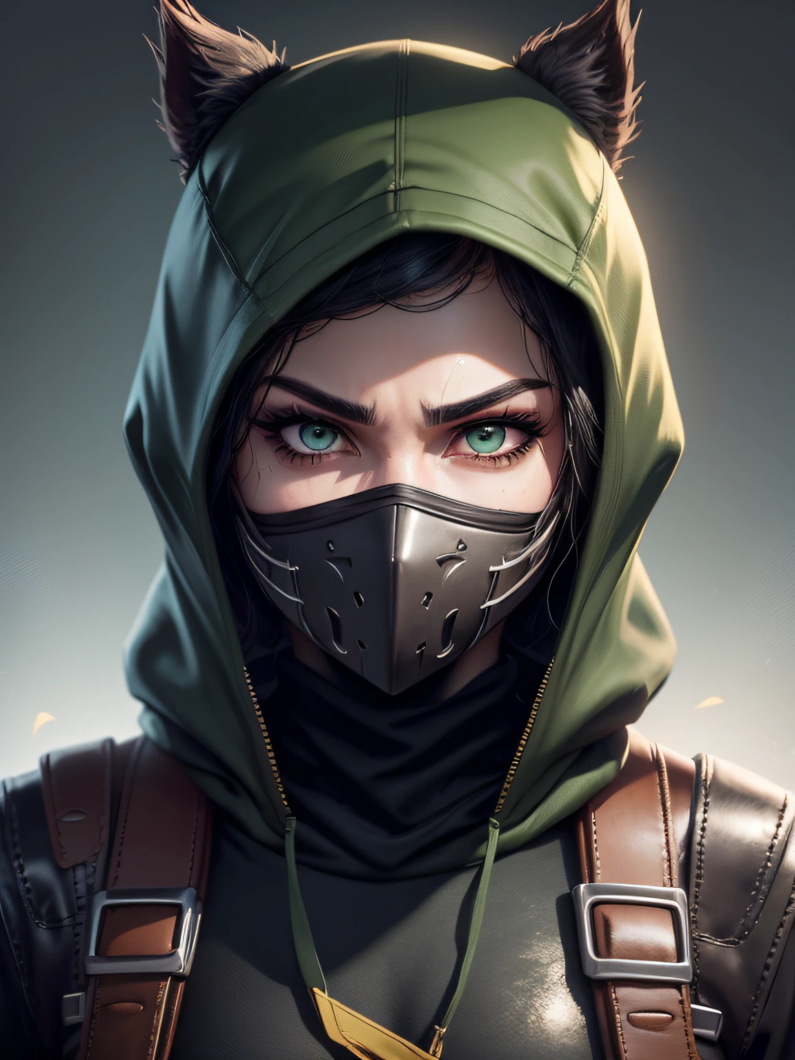 A serious face wearing a mask, estilo farlight 84, fortnite e pubg, aspecto sombrio, foto de frente, olhos verdes, roupa de couro cor preta com detalhes laranjas