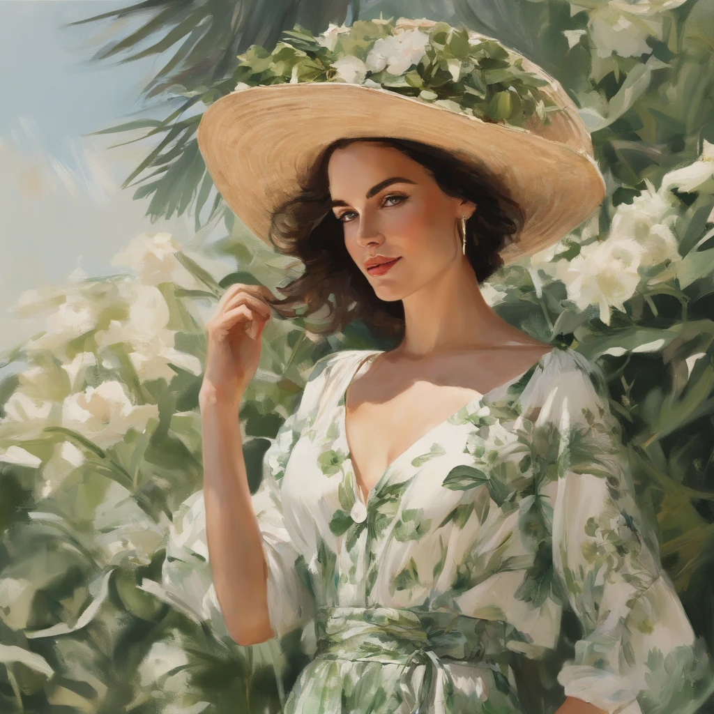 An illustration of a portrait of a beautiful white woman with black hair smiling, dressed with a green and white dress, wearing a straw hat, a sunny day in the background, a lot of details, Perfect centering, Wearing a jacke,With a round face,in green,florals,pentacle,Watches,, Wearing headphones, cheerfulness, Standing position, Abstract beauty, Centered, Looking at the camera, Facing the camera, Approaching perfection, Dynamic, Highly detailed, Smooth, Sharp Focus, 8K, hight resolution, Illustration, art by carne griffiths and wadim kashin, White background