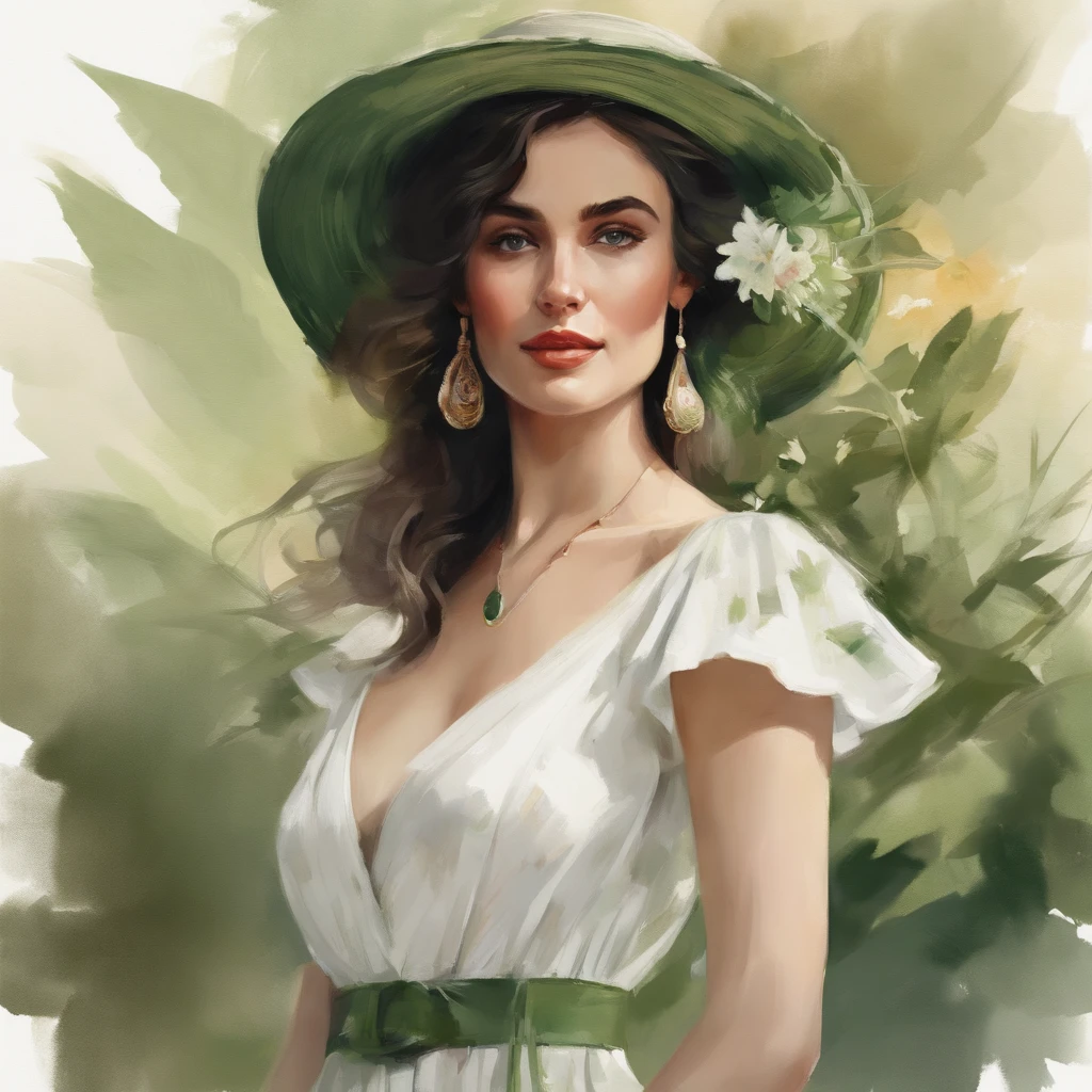 An illustration of a portrait of a beautiful white woman with black hair smiling, dressed with a green and white dress, wearing a straw hat, a sunny day in the background, a lot of details, Perfect centering, Wearing a jacke，With a round face，in green，florals，pentacle，Watches，, Wearing headphones, cheerfulness, Standing position, Abstract beauty, Centered, Looking at the camera, Facing the camera, Approaching perfection, Dynamic, Highly detailed, Smooth, Sharp Focus, 8K, hight resolution, Illustration, art by carne griffiths and wadim kashin, White background