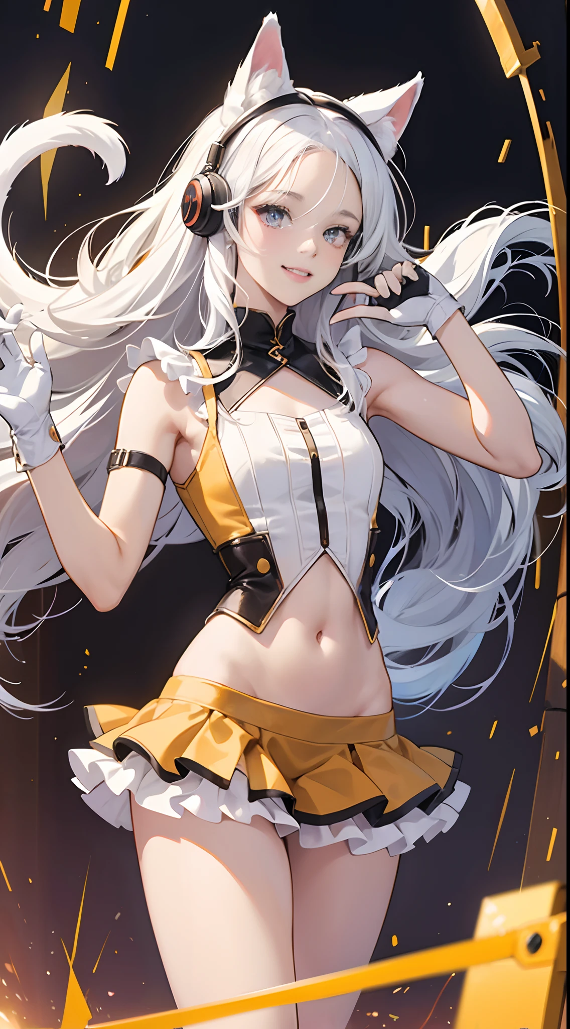 (Best Quality,4K,High resolution), 18yo woman, femele，Siamese cat feminization，Cat's ears，Cat Ear Headphones，White princess hair，white  hair，long perm，Forehead，Black mesh hair，Sauce order，Big Cat Gloves，arma:cannons，Heavy equipment，dishevled hair，Active characters，A smile，double tooth，，White and red，Sleeveless，tight mini dresses，Yellow and black costume，Navel out，a frilled miniskirt，fluffy cat tail，fluffy tail，Delicately drawn illustrations，Vivid color scheme，colourfull，Delicately expressed body，realistic representation，charicature，Comical appearance，Up screen，futuristic background，Dynamic movement