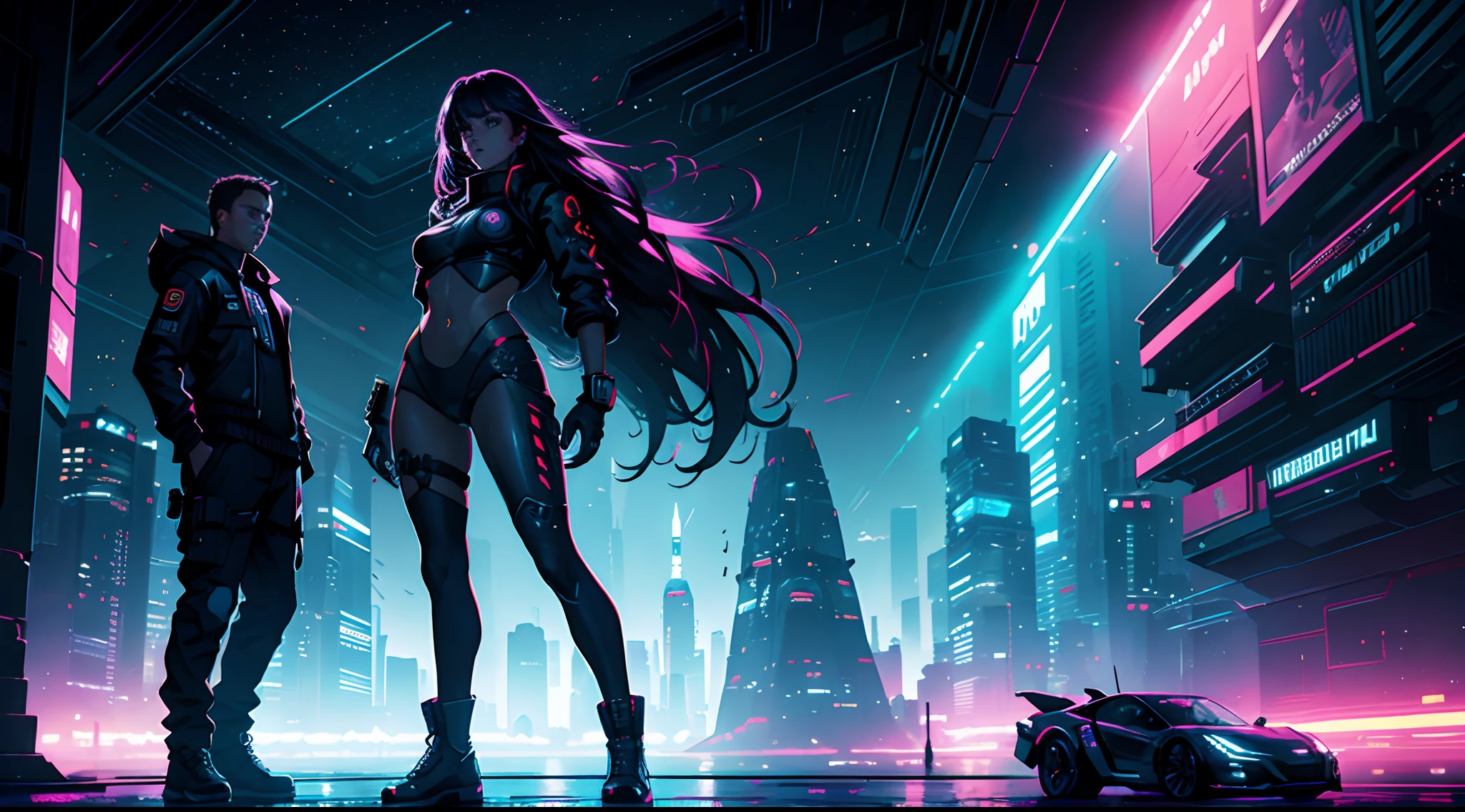 cyberpunk 1 girl with long hair, silhouette, full body, in space