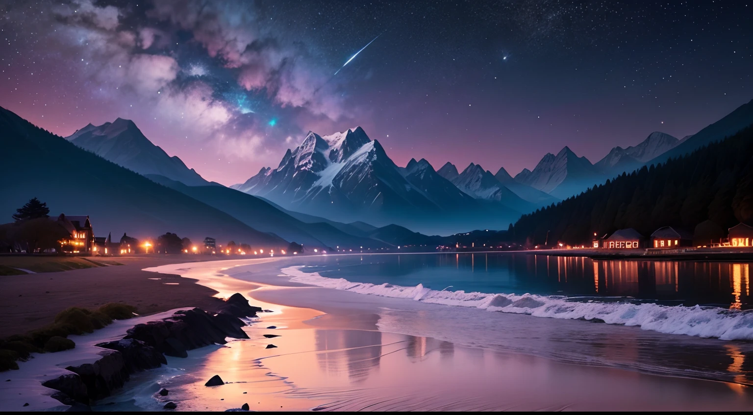 paisaje de playa, cielo estrellado, nebulosa, luna brillante, nubes brillantes, mountains in the distance, Tall trees, cottages, (color purpura)