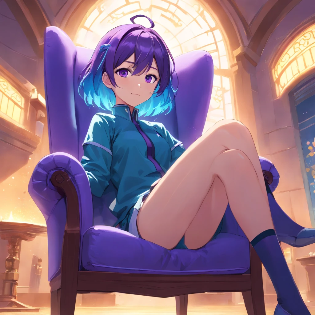 Purple and blue hair,Blue and purple gradient eyes,Sitting on a heaven chair with legs crossed,face perfect,happy look,Queen style costumes,girl with,Light coming in from the right,cyan and black clothes, Avoid quirky colors and unnatural shapes,