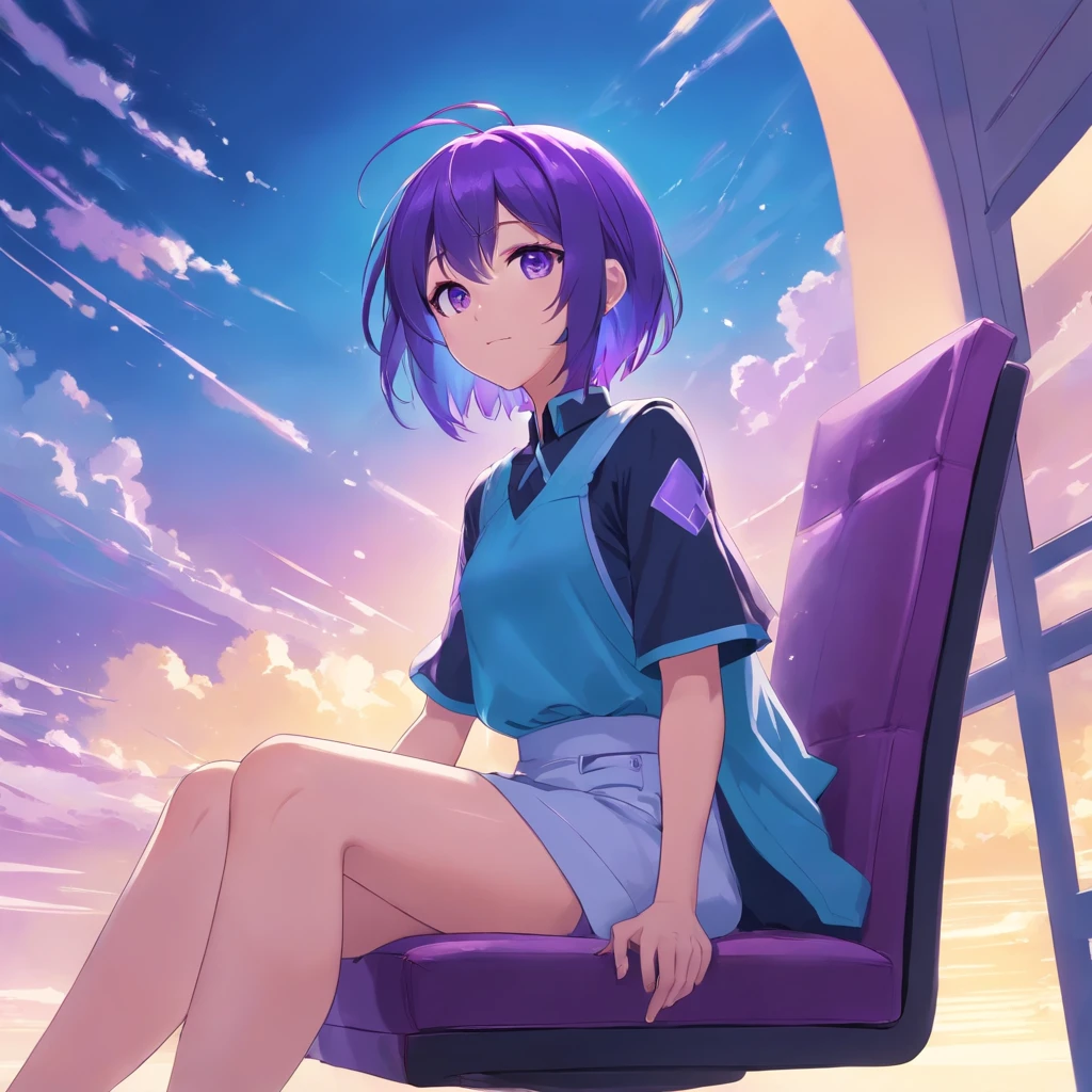 Purple and blue hair,Blue and purple gradient eyes,Sitting on a heaven chair with legs crossed,face perfect,happy look,Queen style costumes,girl with,Light coming in from the right,cyan and black clothes, Avoid quirky colors and unnatural shapes,