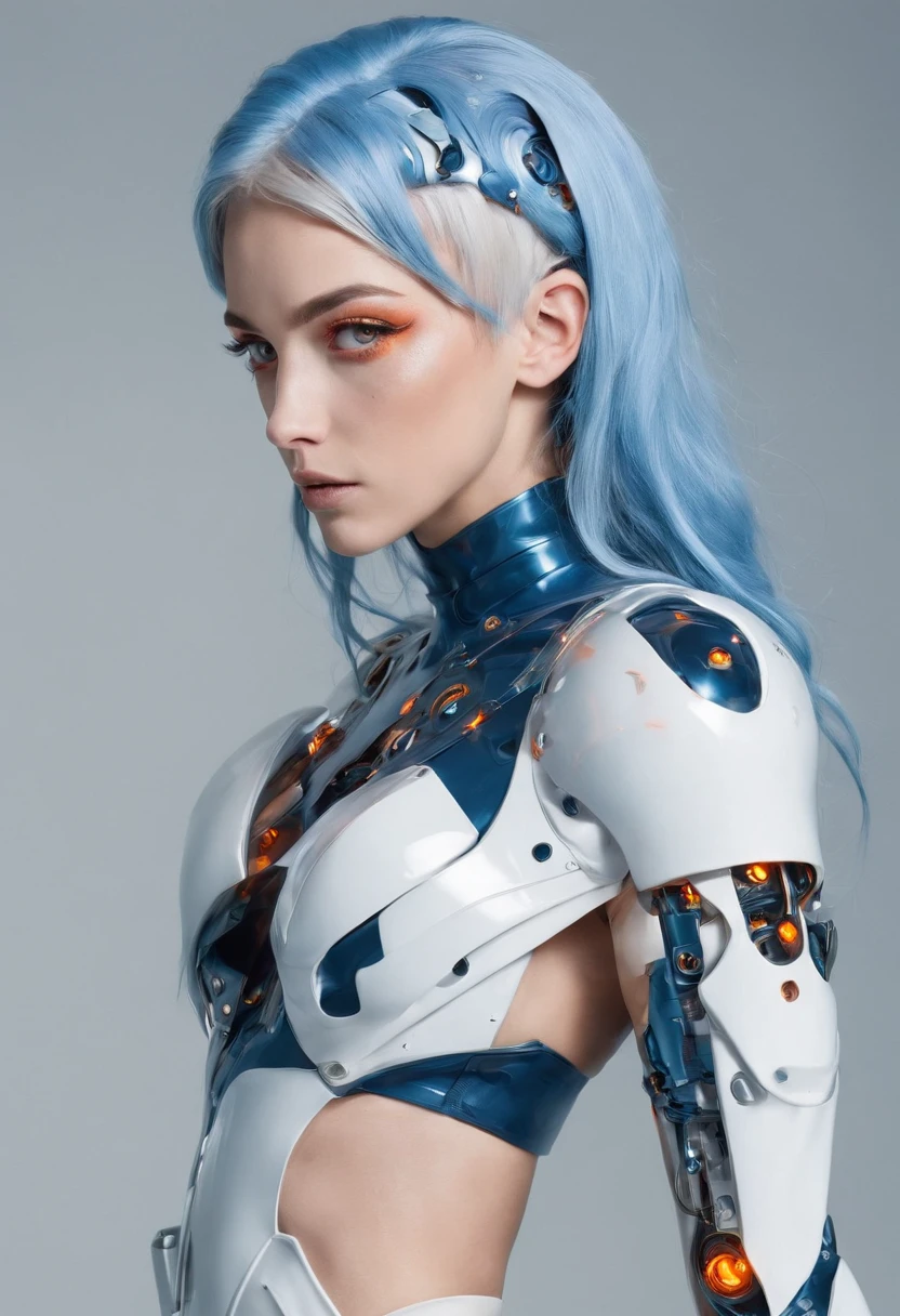cyborg style, 1girl, solo, orange eyes, blue hair, science fiction, breasts, high quality, high resolution