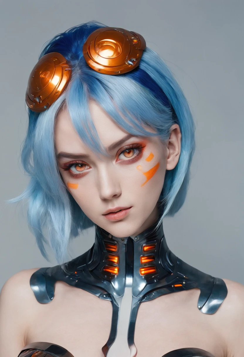 cyborg style, 1girl, solo, orange eyes, blue hair, science fiction, breasts, high quality, high resolution